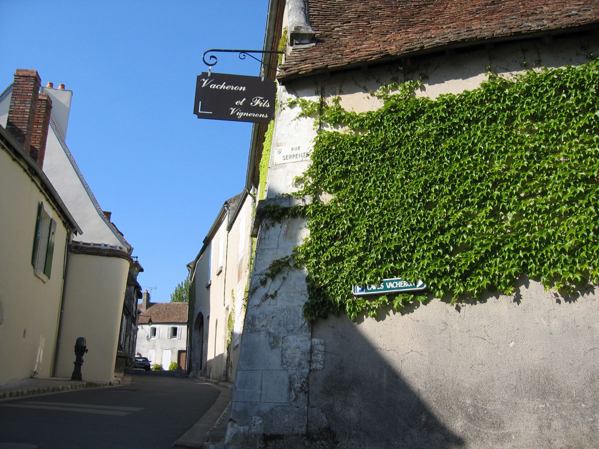 Mit Efeu bewachsene Hausfassade an einer Gasse in einem französischen Dorf, mit Hängeschild „Vaudésir et fils Vignerons“.