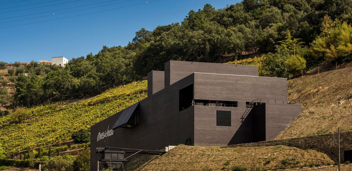 Modernes Weingutgebäude mit klarer Architektur aus dunklem Beton, eingebettet in terrassierte Weinberge an einem sonnigen Hang