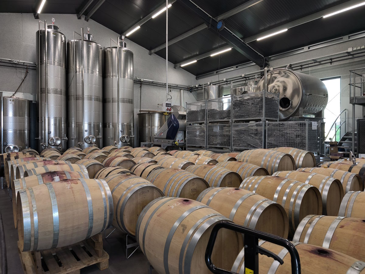 Weinproduktion im modernen Keller mit Holzfass- und Edelstahltanklager Moderne Kellereihalle mit zahlreichen Barriquefässern auf Paletten, im Hintergrund große Edelstahltanks und Weinbereitungsanlagen