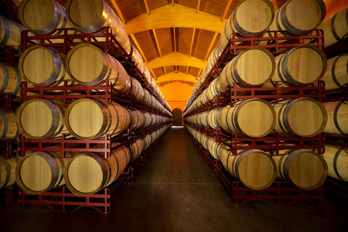 Symmetrisch angeordnete Barriquefässer auf roten Gestellen in einem stimmungsvoll beleuchteten Holzfasskeller mit Tonnengewölbe