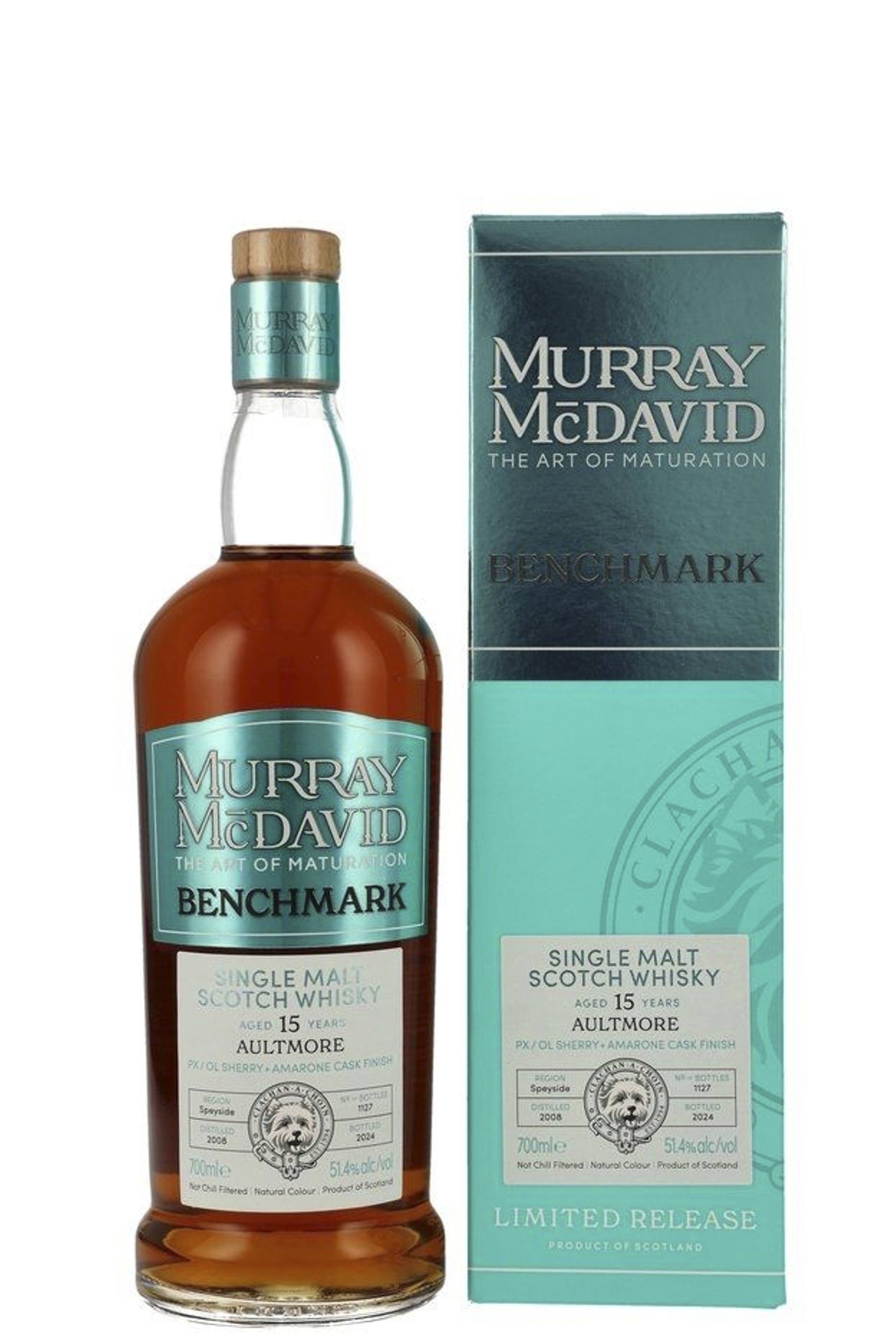 Flasche mit bernsteinfarbenem Whisky, helles Etikett mit schwarzem und silbernem Text. Verschluss und Etikett in Türkis gehalten. Passende zweifarbige Verpackung in Türkis und Dunkelblau mit silberner Schrift. Modernes Design.