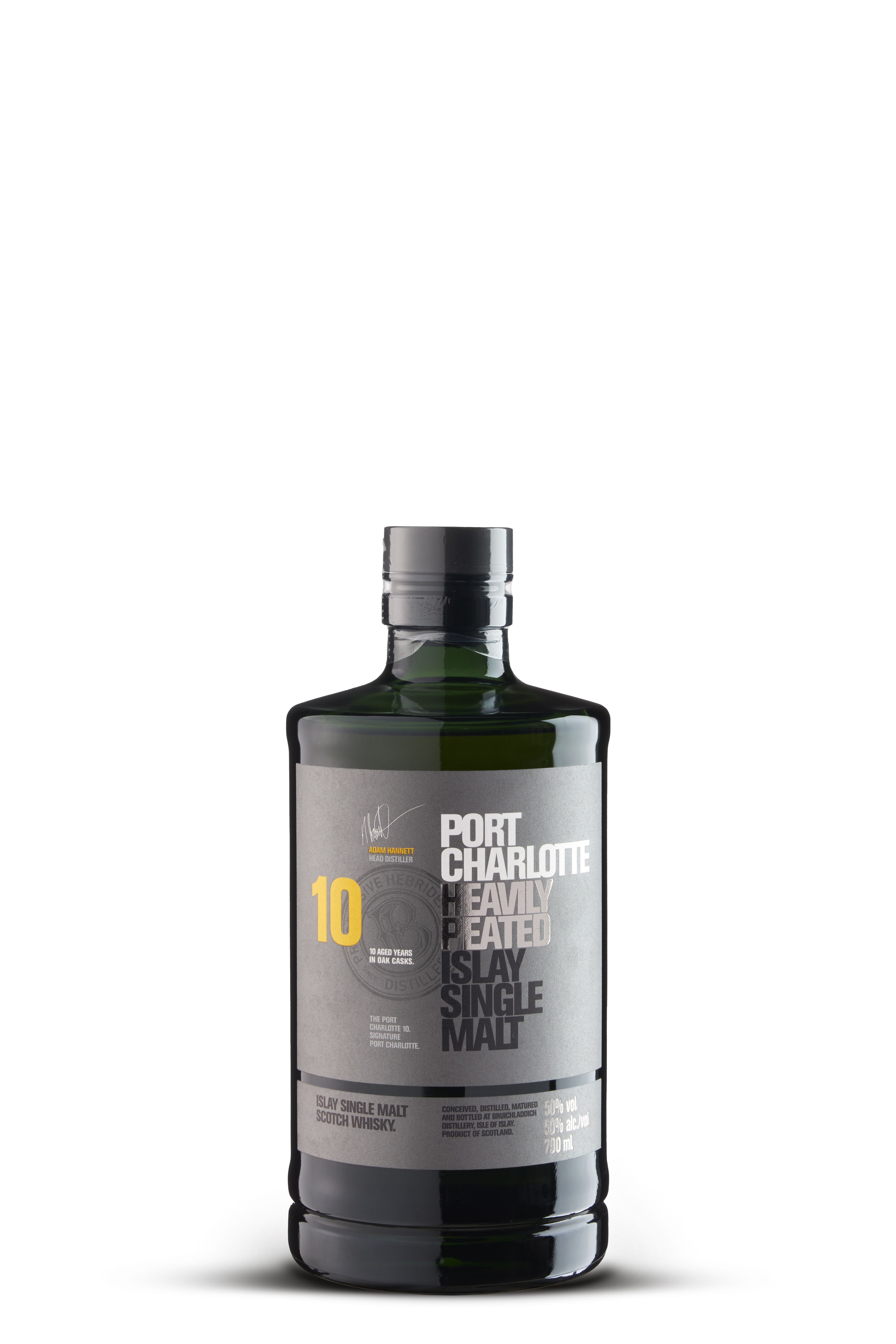 Zu sehen ist eine dunkelgrüne Flasche Port Charlotte Heavily Peated Islay Single Malt Whisky. Das Etikett ist grau mit weißer, schwarzer und gelber Schrift, die Informationen zur Abfüllung und Alter von 10 Jahren zeigt.
