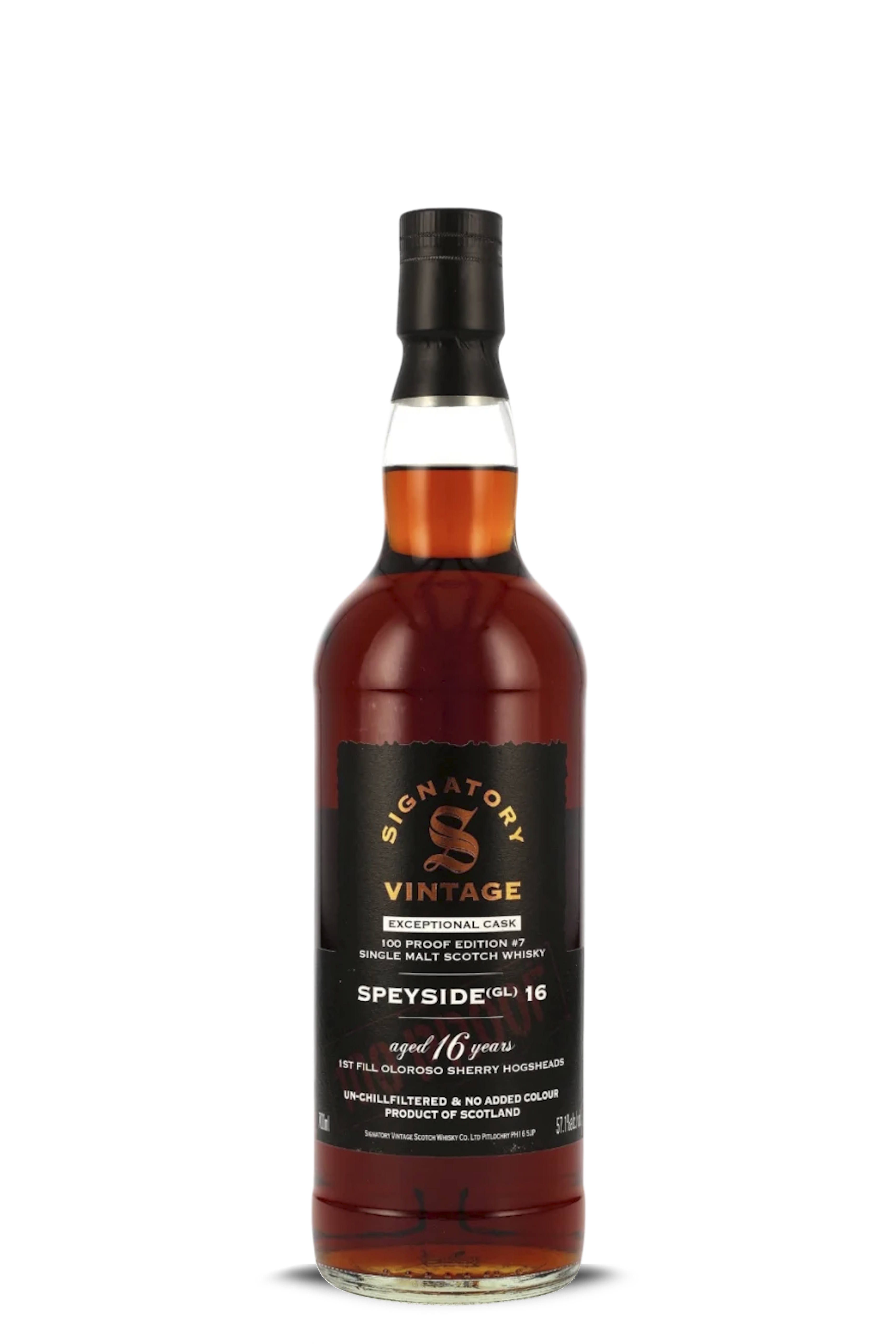 Flasche ohne Verpackung von Signatory Vintage Speyside 16, 16 Jahre, Single Malt Scotch Whisky, 1st Fill Oloroso Sherry Hogsheads, unchillfiltered, 57,1% vol, 700 ml, Produkt aus Schottland. Label schwarz mit goldener Schrift.