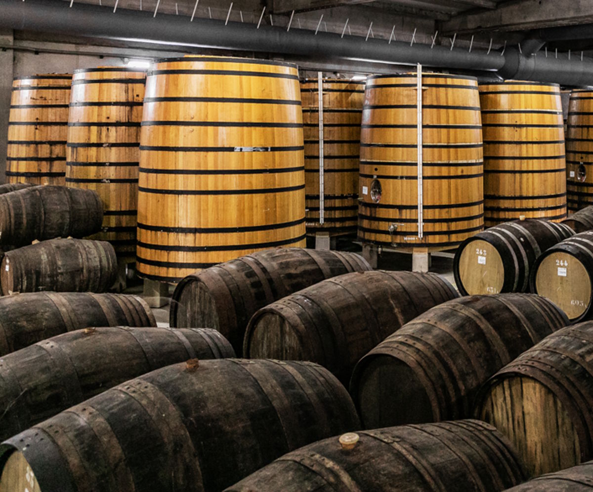 Holzfasslager mit großen stehenden Fässern im Hintergrund und älteren, liegenden Fässern im Vordergrund.
