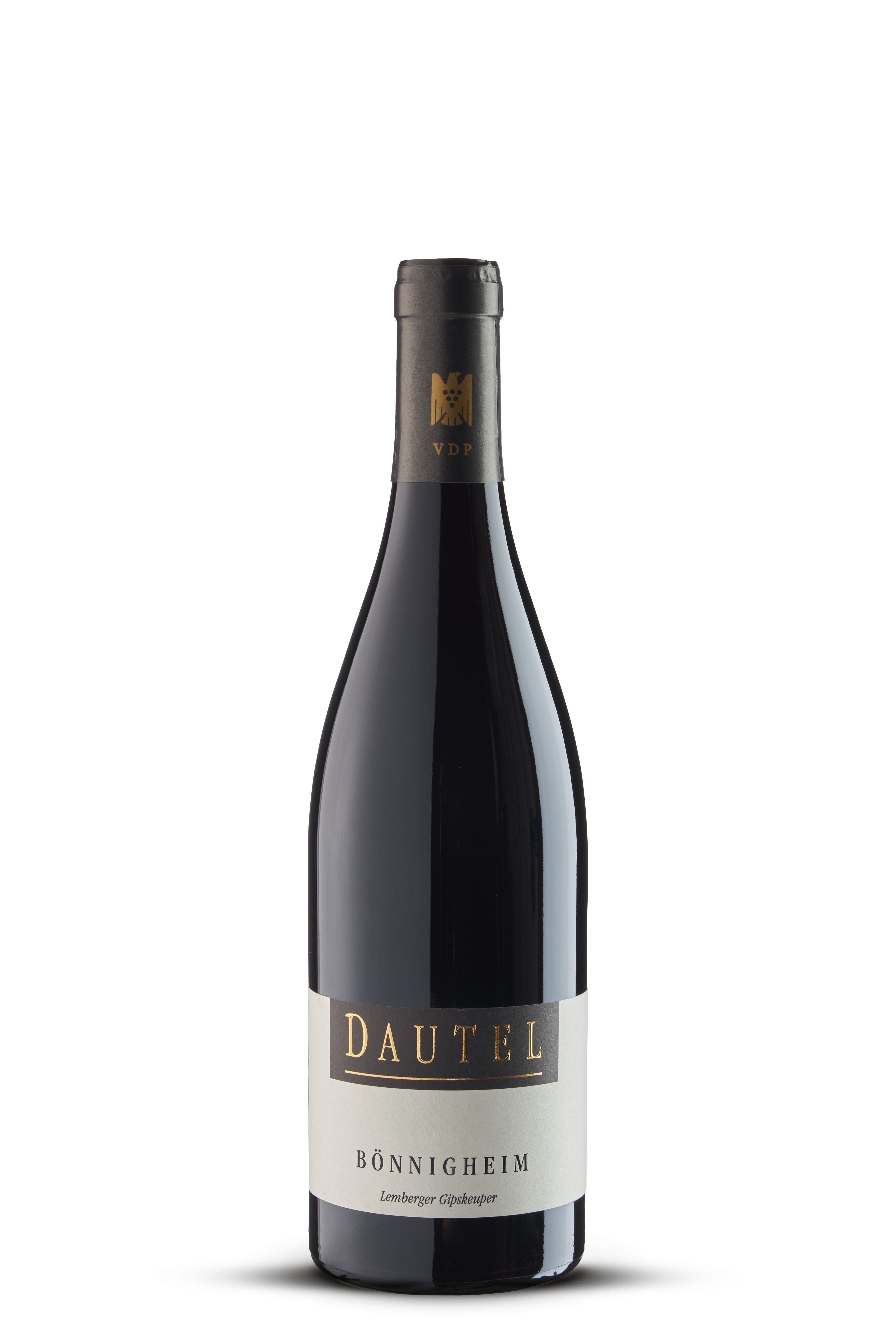 Flasche 2022 Dautel Bönnigheim Gipskeuper Lemberger mit schwarzer VDP-Kapsel und cremeweißem Etikett mit goldener Schrift – kraftvoller Rotwein aus Württemberg mit Ortswein-Charakter