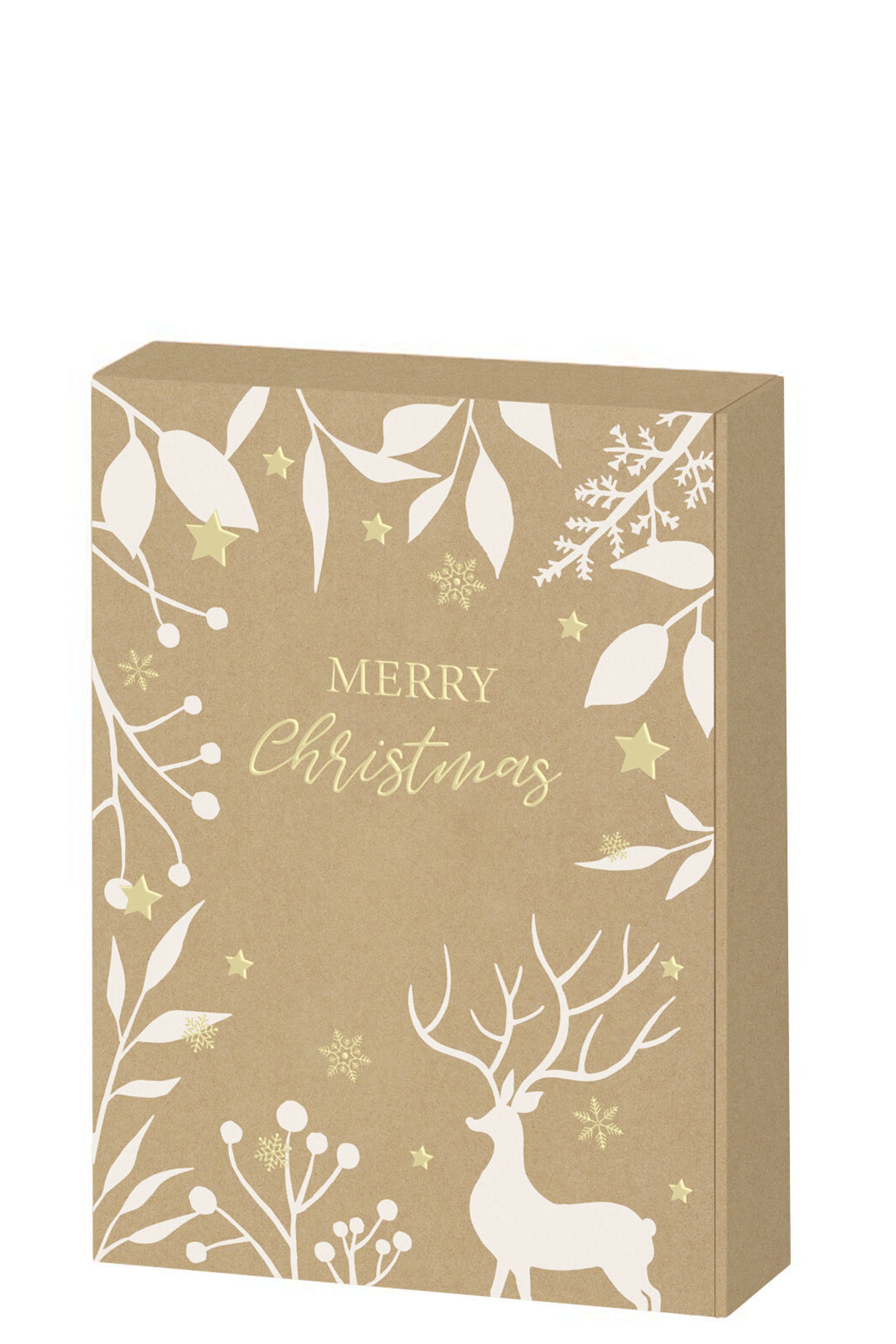 Geschenkbox aus Naturkarton mit weißen, winterlichen Pflanzenmotiven, goldenen Sternen und Schneeflocken sowie einem stilisierten Rentier. Zentrales Schriftmotiv: „Merry Christmas“