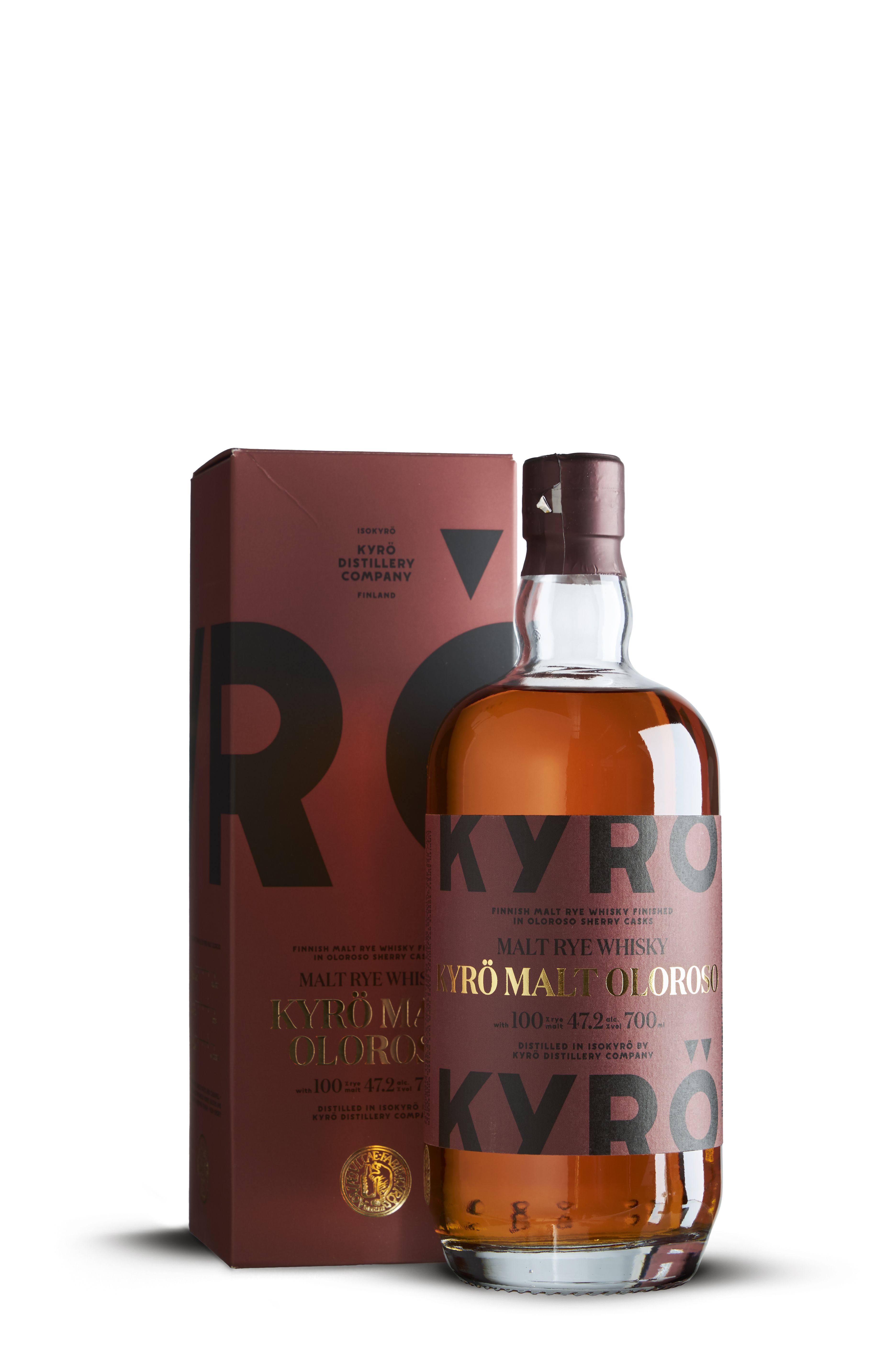 Flasche Kyrö Malt Oloroso, finnischer Malt Rye Whisky, 700 ml, 47,2% Alkohol, mit 100% Roggenmalz, gereift in Oloroso Sherryfässern. Etikett in dunklem Rot mit goldener und schwarzer Schrift.