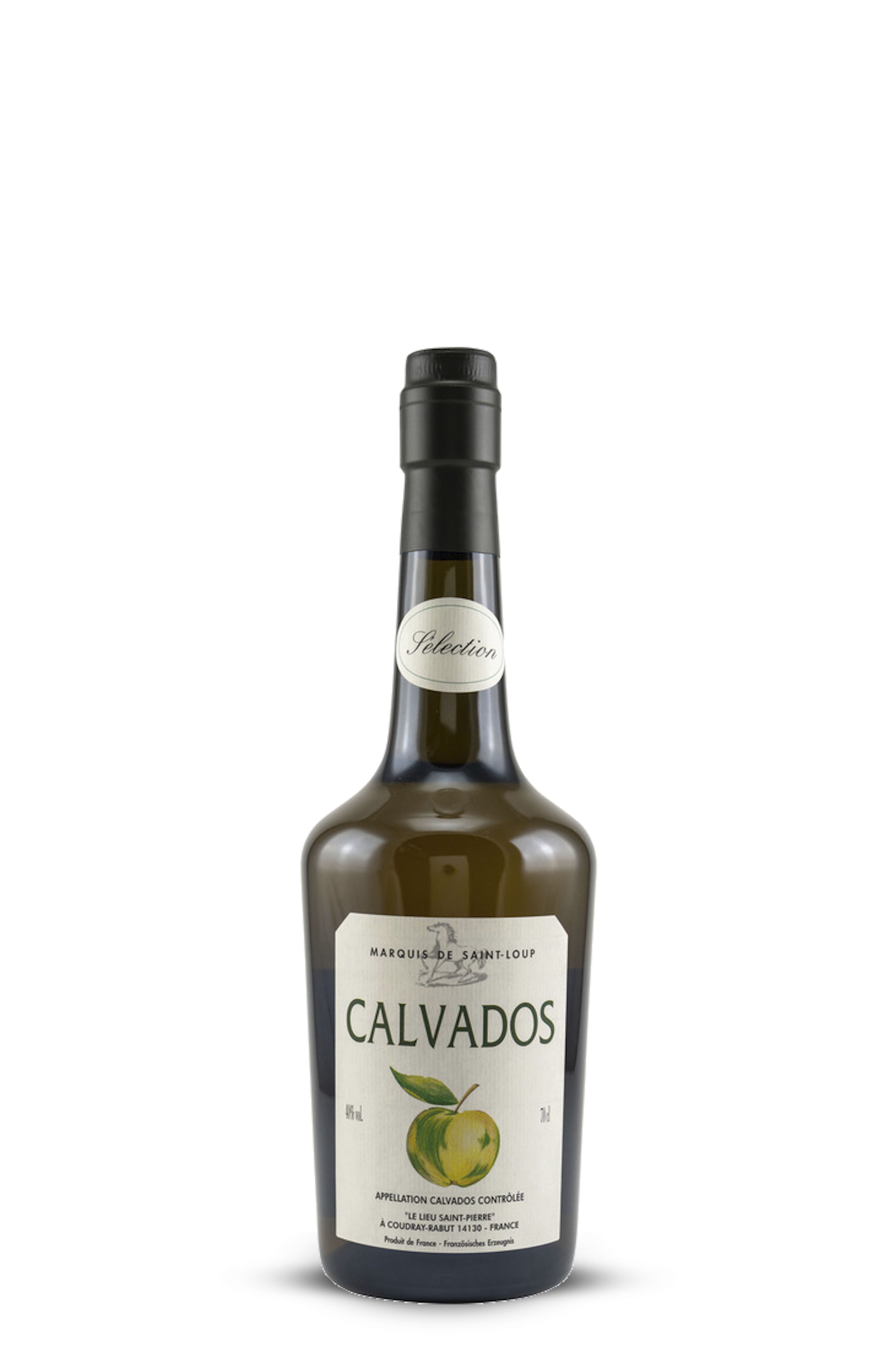 Braune Flasche mit kupferfarbenem Schraubverschluss. Weißes Etikett mit rotem Wappen, schwarzem Schriftzug „Le Calvados de Christian Drouin“ und zusätzlichen Informationen in Rot und Schwarz.