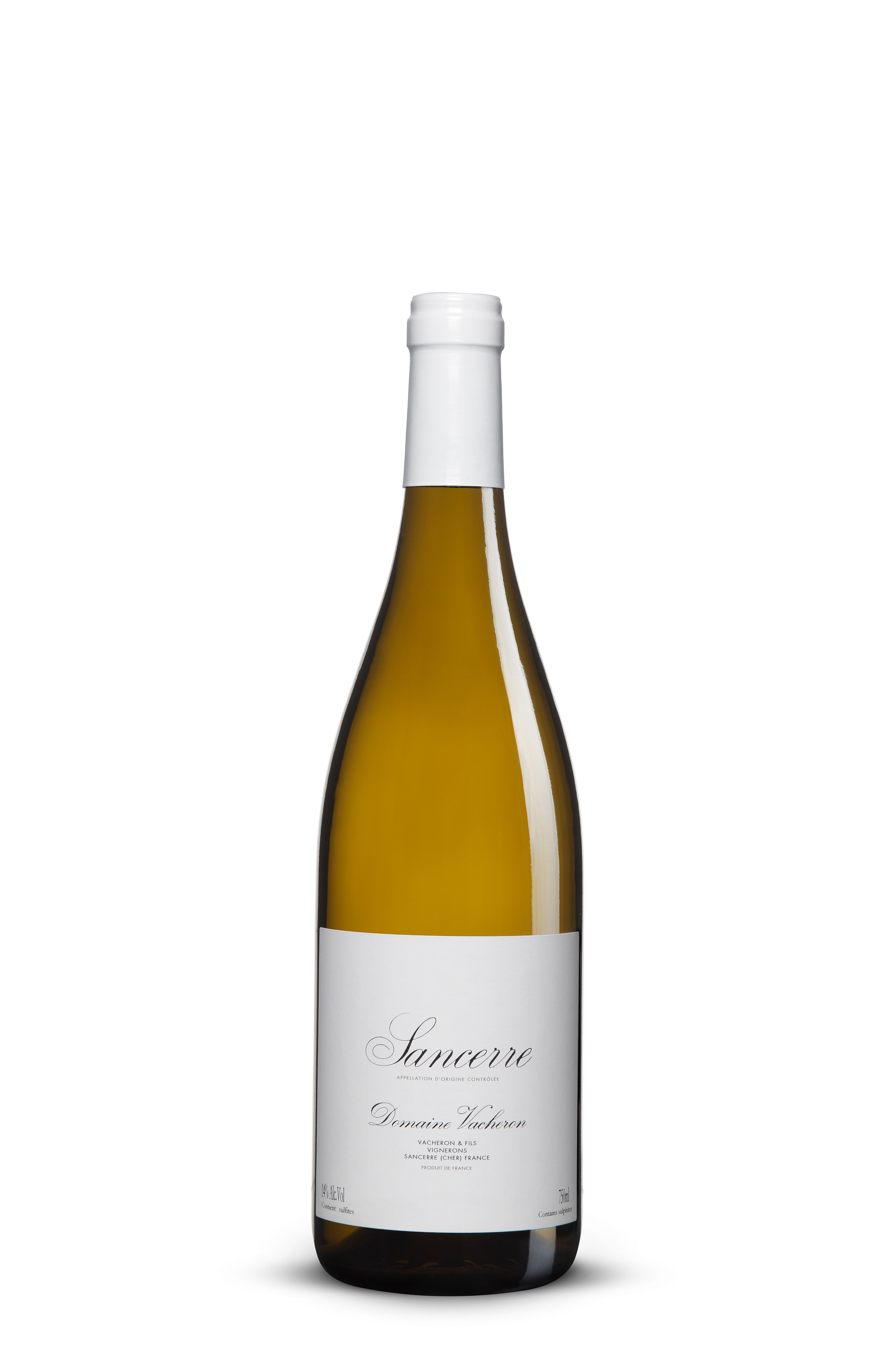 Foto einer hellen Sancerre‑Weißwein‑Flasche mit schlicht weißem Label “Sancerre Domaine Vacheron” und weißer Kapsel.