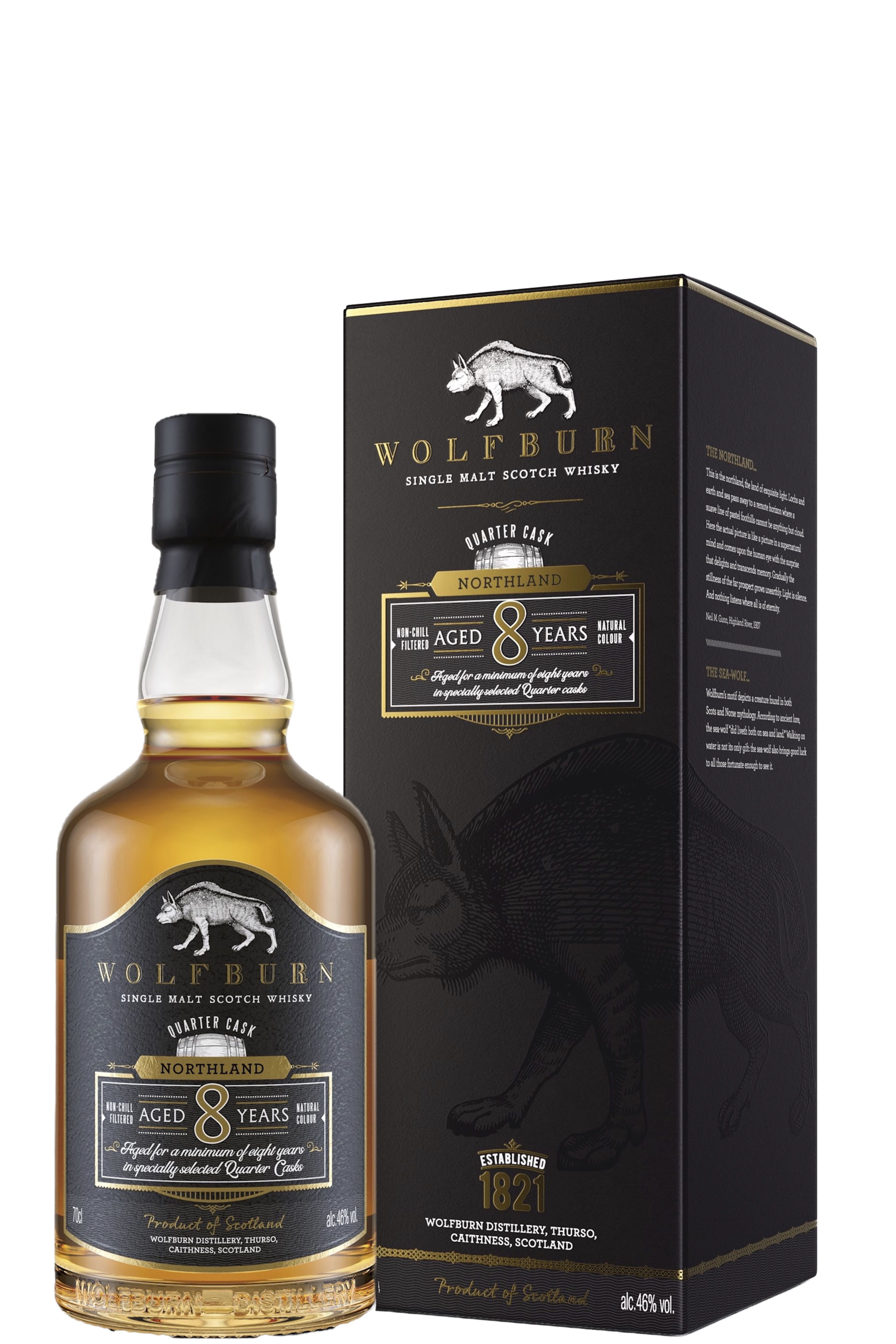 Flasche und Verpackung des Wolfburn Northland Single Malt Scotch Whisky. Klare Flasche mit schwarzem Etikett und goldenen Akzenten. Verpackung ebenfalls schwarz mit goldener Schrift und dezentem Wolf-Design. Hochwertige, edle Optik.