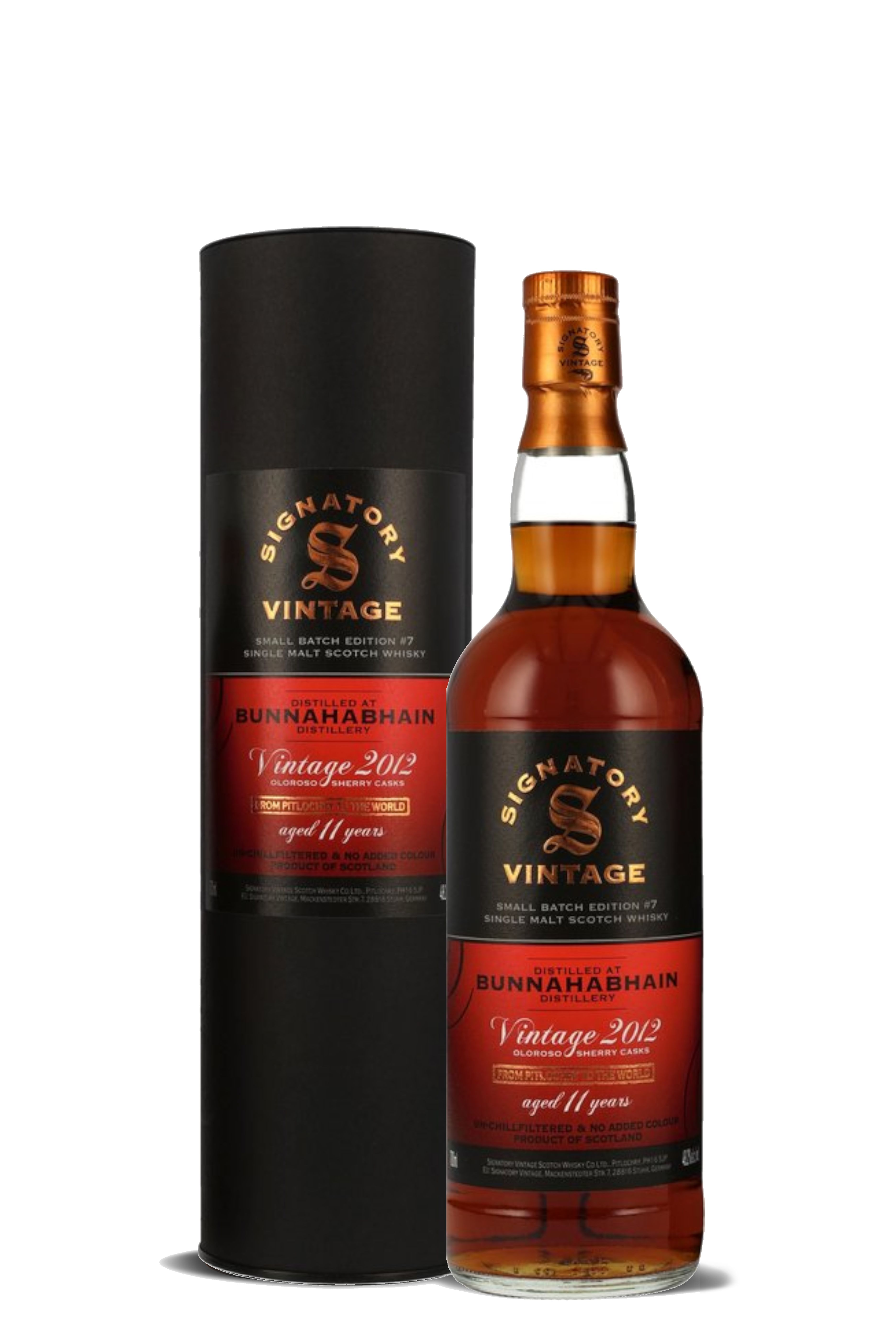 Flasche und Dose „Signatory Vintage“ Bunnahabhain Whisky, Vintage 2012, 11 Jahre alt, 48% vol. Rotes Etikett, schwarze Verpackung, kupferfarbener Verschluss, bernsteinfarbener Whisky.