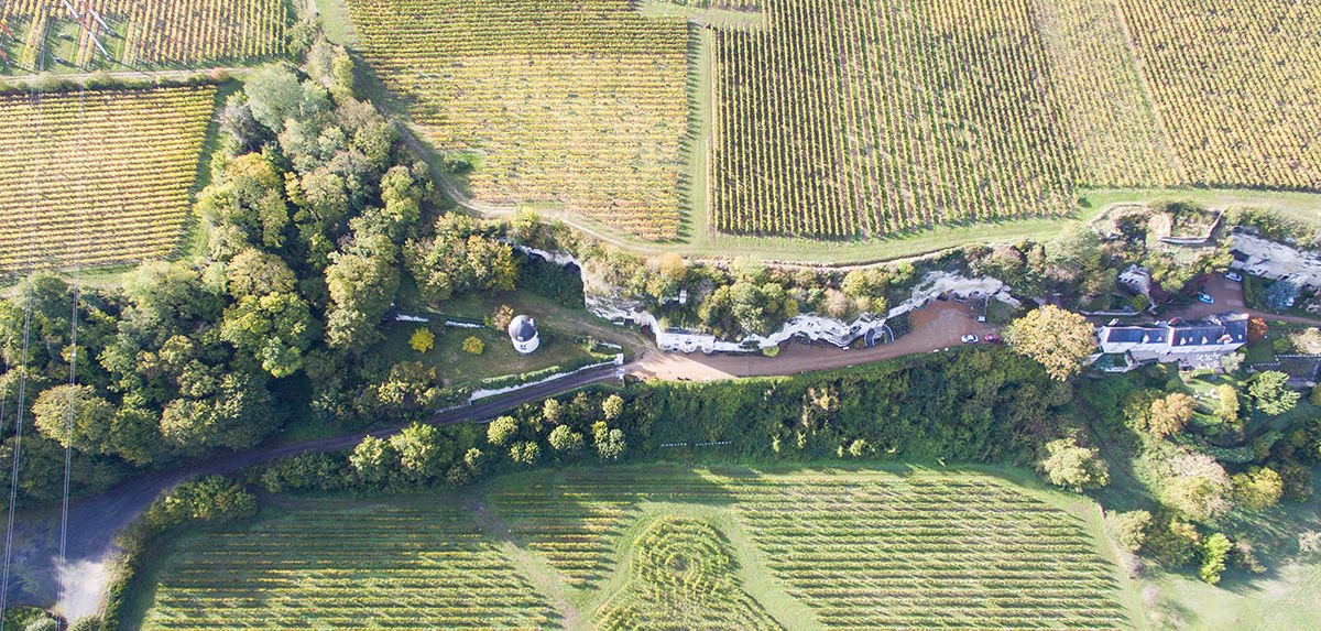 Luftaufnahme von Weinbergen mit eingebettetem Weingut, Baumstreifen und Kalkfels, Wege und Gebäude entlang der Landschaft.