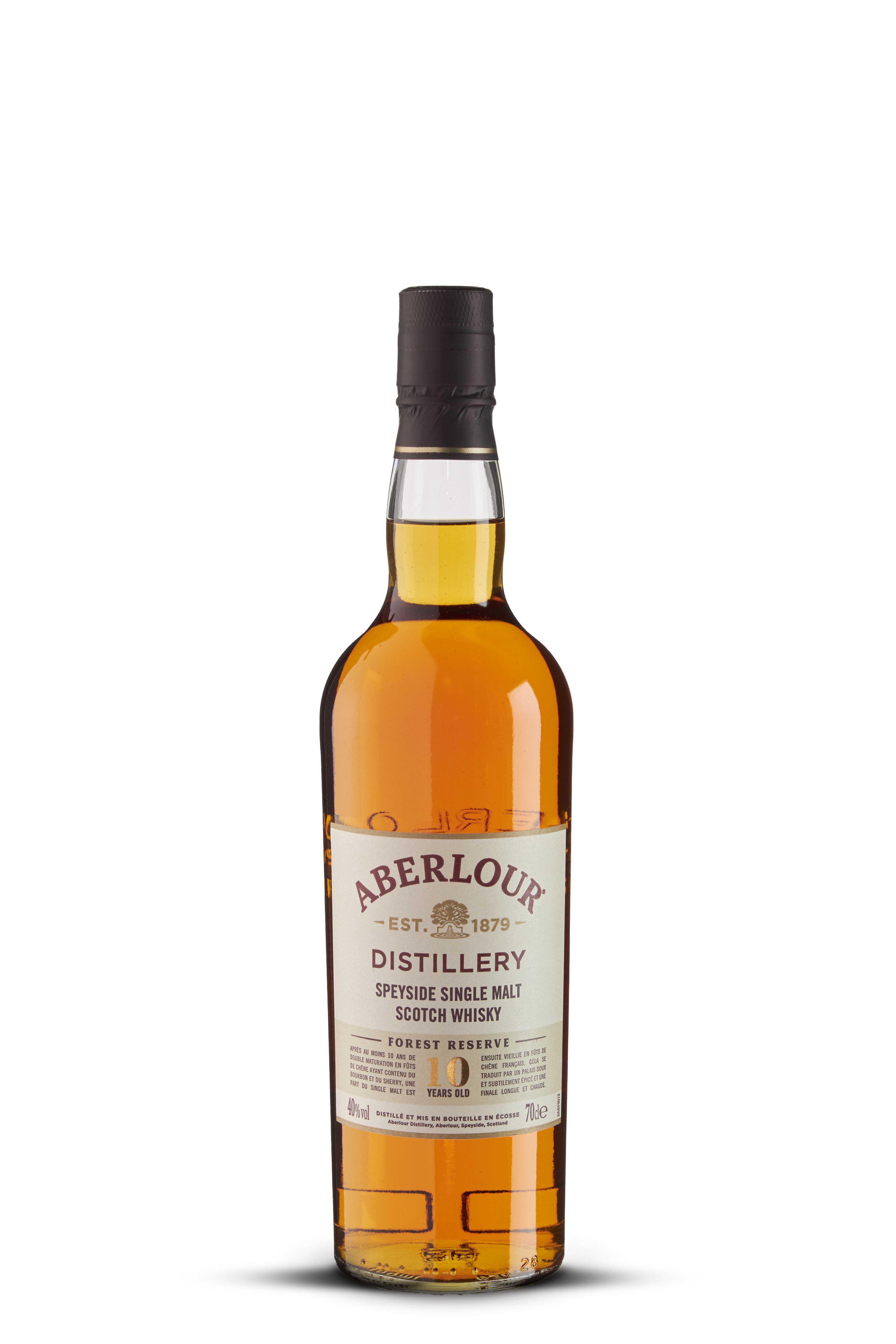 Braune Whiskyflasche von Aberlour mit beige-rotem Etikett. Aufschrift: „Aberlour Distillery – 10 Years Old – Speyside Single Malt“. Goldbraune Flüssigkeit, schwarzer Verschluss. Inhalt: 70 cl.
