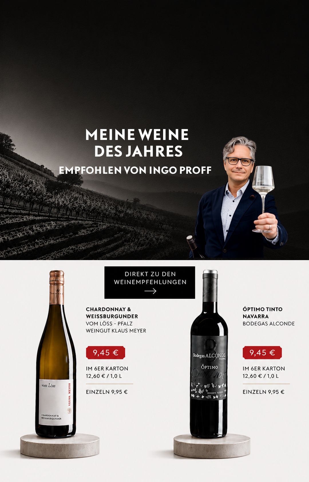 Meyerhof Weine des Jahres – Weinempfehlungen von Ingo Proff mit Chardonnay & Weißburgunder vom Weingut Klaus Meyer und Óptimo Tinto von Bodegas Alconde.