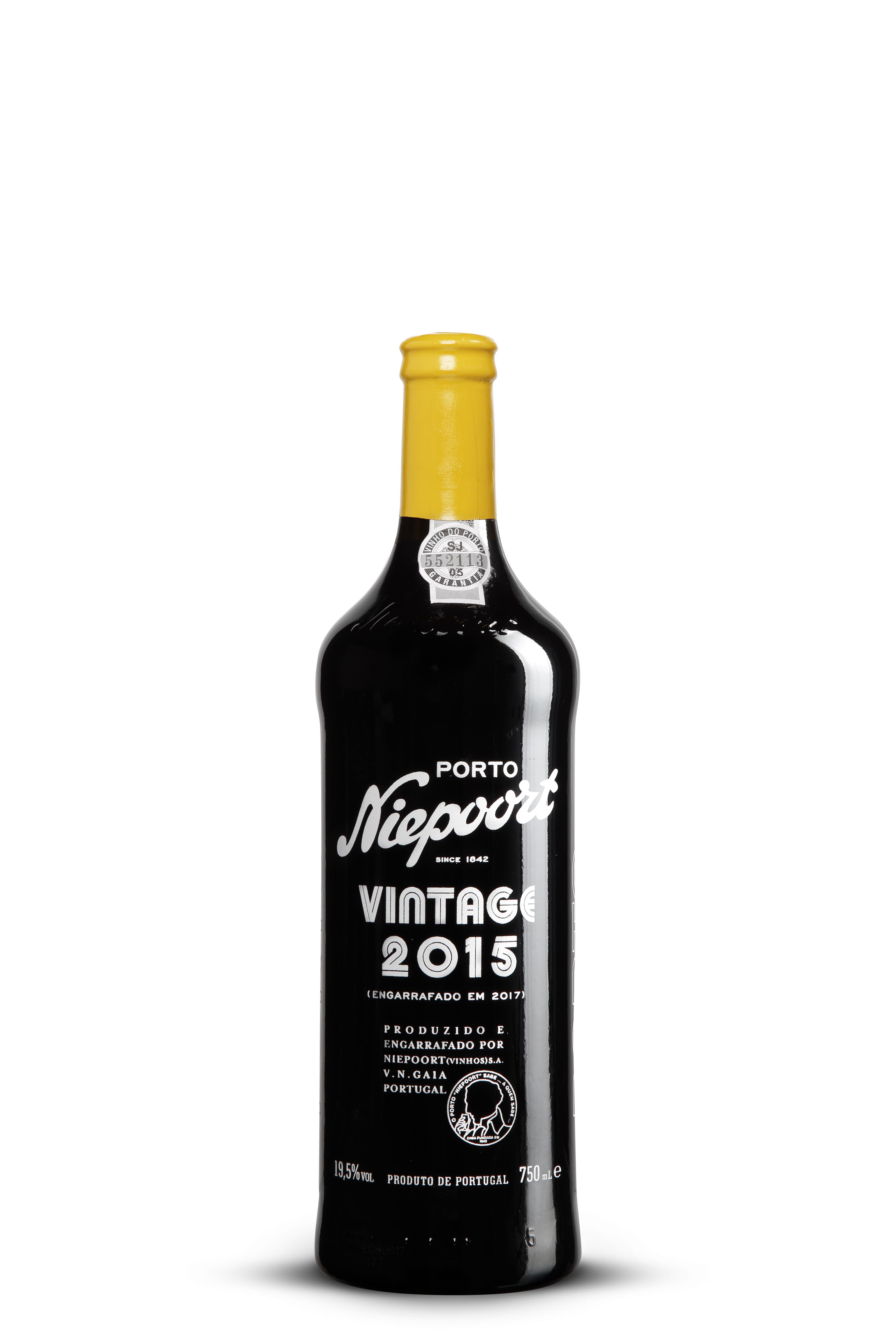 Dunkelrote Portweinflasche mit gelber Kapsel. Weiße Schrift „Niepoort Vintage 2015“ und weitere Angaben auf der schlanken Flasche. Am Hals trägt sie ein silbernes Garantiesiegel. Die elegante Form unterstreicht den hochwertigen Charakter des Weins.