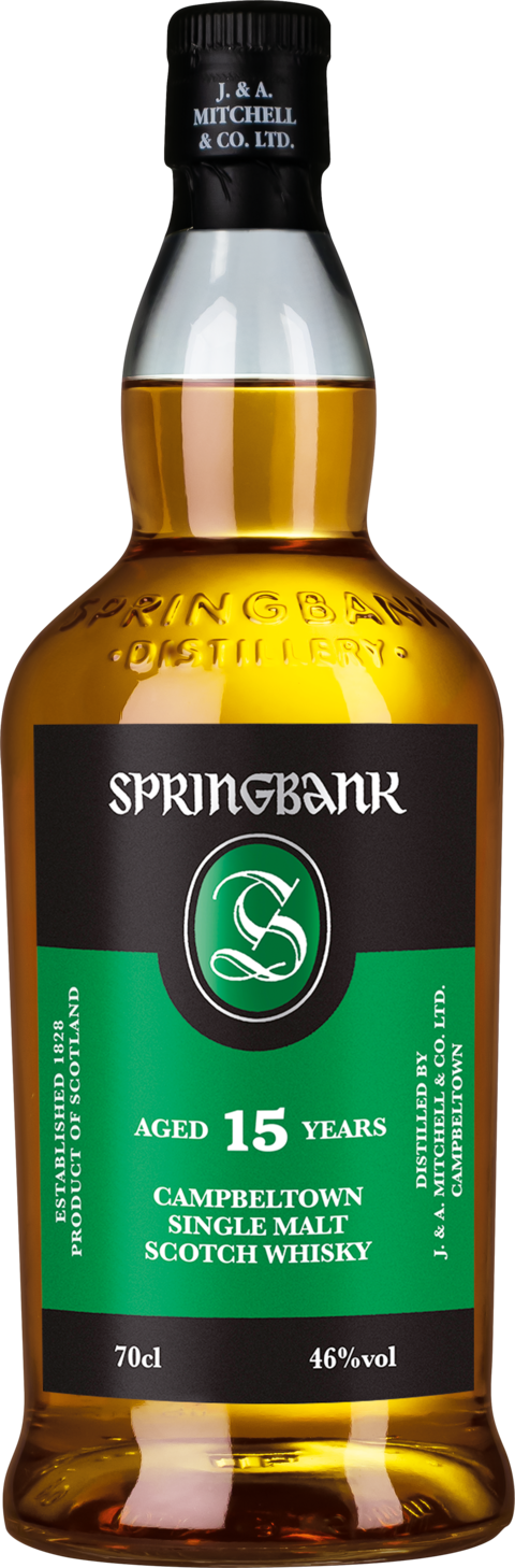 Springbank-Whiskyflasche mit schwarzem Schraubverschluss und geprägtem Schriftzug im Glas. Das Etikett ist schwarz-grün mit weißem „S“-Logo im Kreis. Die Flasche zeigt einen warm goldenen Whiskyton. Text: „Aged 15 Years – Campbeltown Single Malt“.