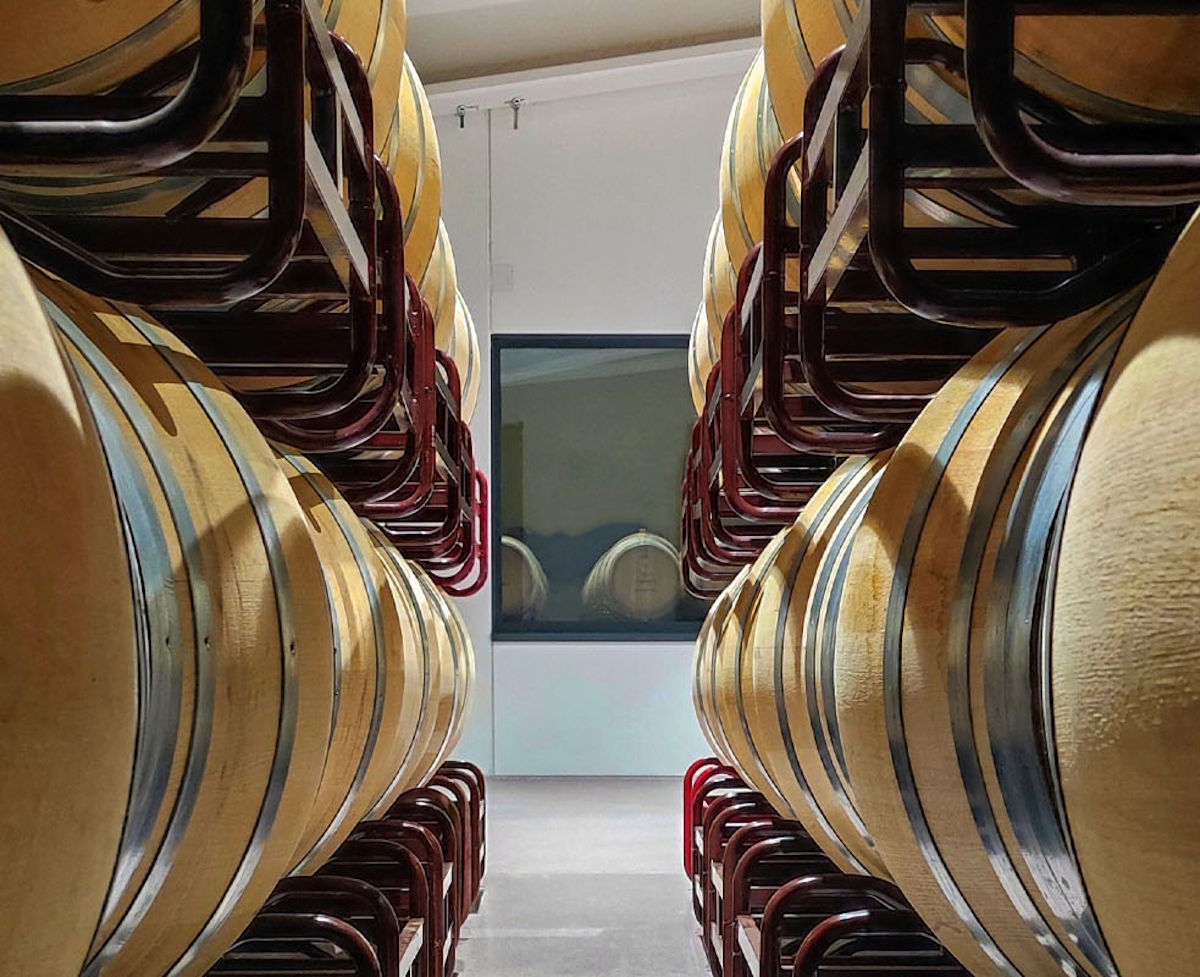 Barriquefässer in zwei gestapelten Reihen auf roten Metallgestellen, moderner Fasskeller mit Sichtfenster im Hintergrund