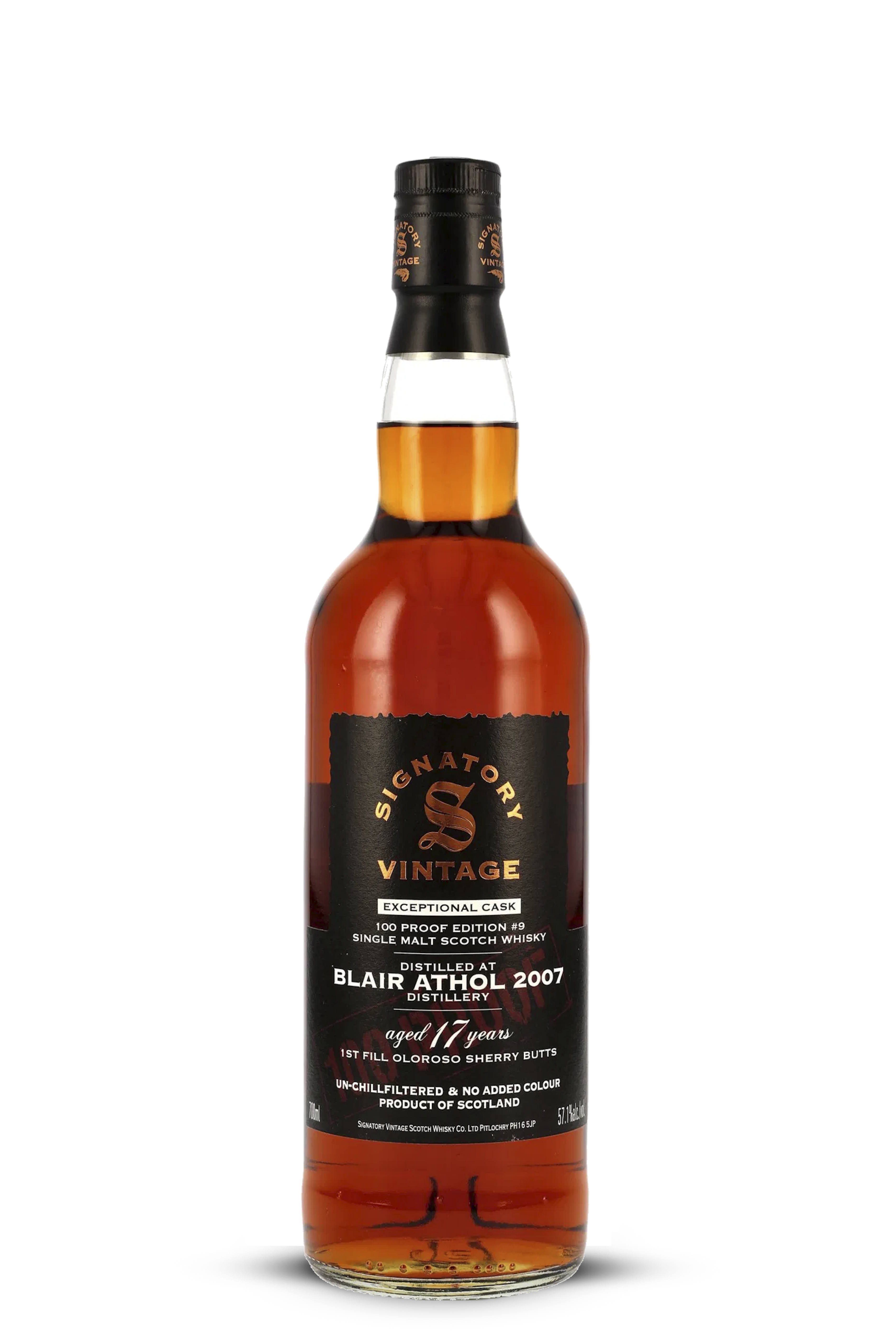 Flasche Blair Athol 2007–2025, 17 Jahre – Single Malt Scotch Whisky aus Sherry Butts mit dunklem Etikett, kräftiger Farbe und 100 Proof Fassstärke