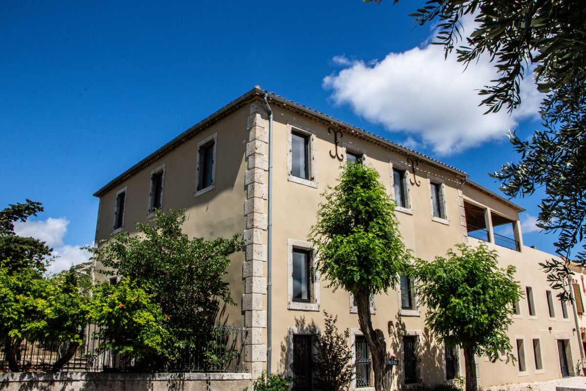 Charmantes Weingut im mediterranen Stil – Natur und Architektur im Einklang Ein mediterranes Weingutgebäude mit heller Fassade, umgeben von Bäumen und Pflanzen, unter einem strahlend blauen Himmel mit weißen Wolken