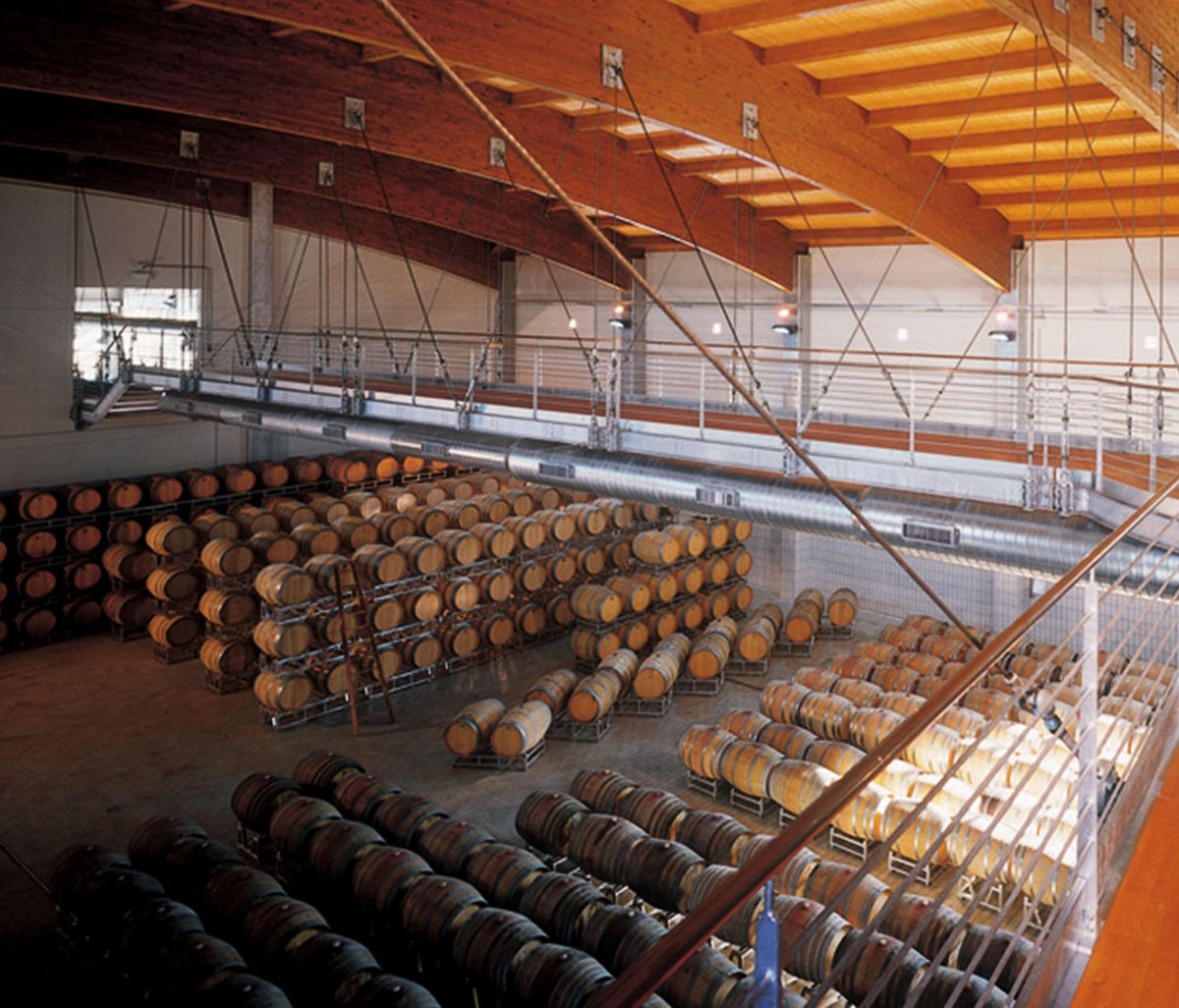 Modern gestalteter Barriquekeller mit hunderten Eichenfässern unter einem hölzernen Bogendach