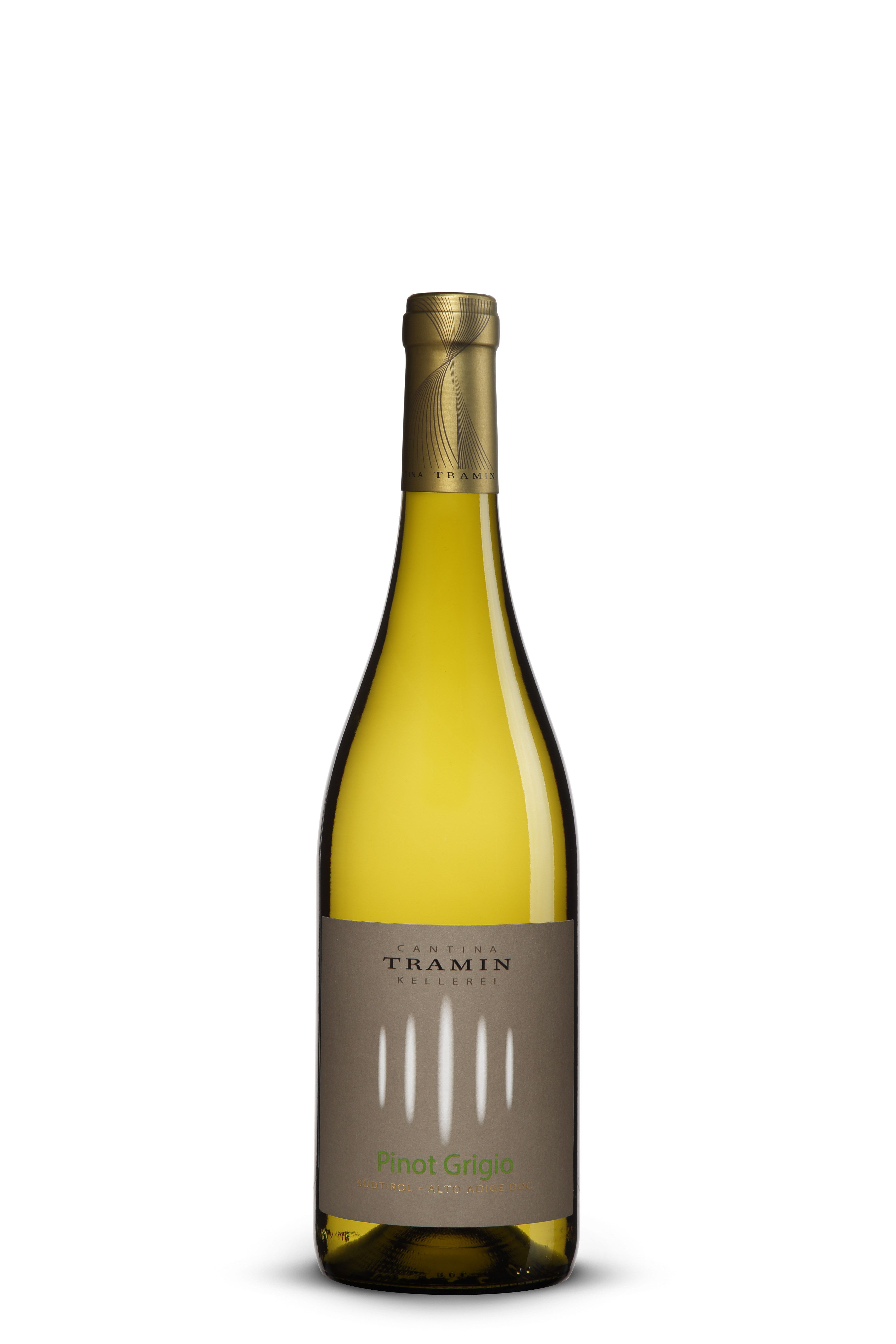 Flasche 2024 Tramin Pinot Grigio mit goldfarbener Kapsel und grauem Etikett mit vertikalen Linien – eleganter, trockener Weißwein aus Südtirol