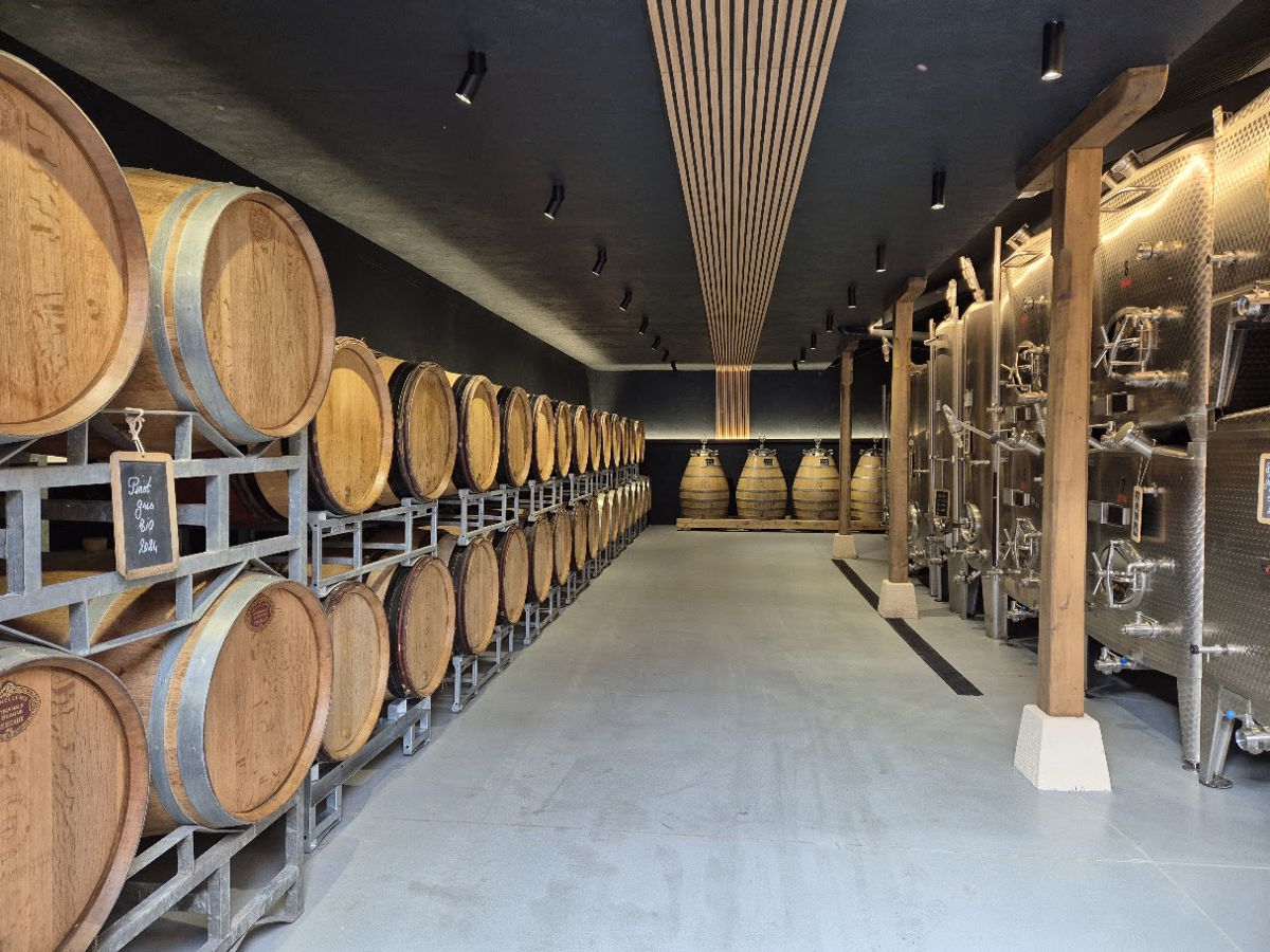 Moderner Weinkeller mit Holzfässern auf der linken Seite und Edelstahltanks auf der rechten Seite, stilvoll beleuchtet und sauber strukturiert.