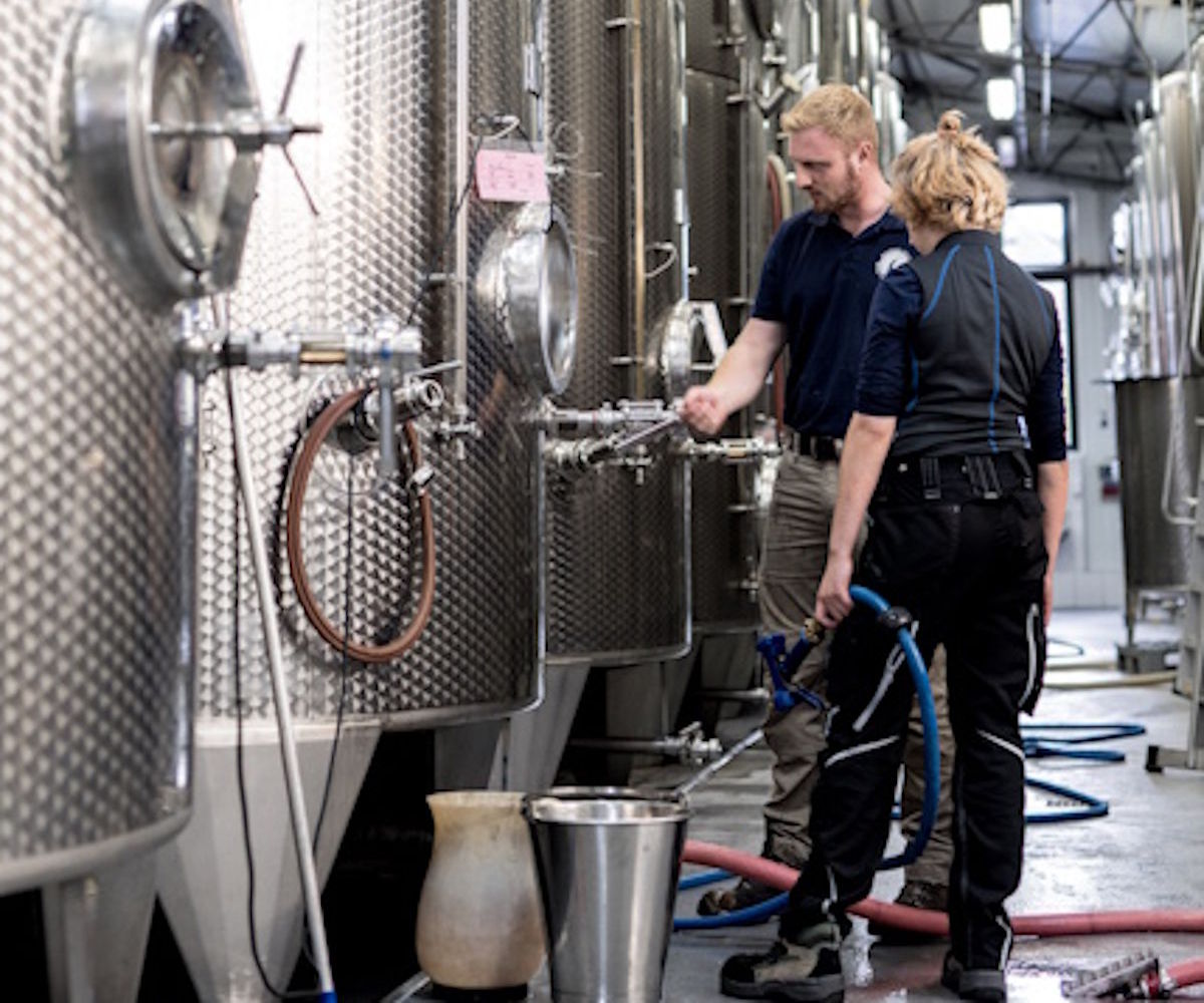  Zwei Personen bei der Arbeit an Edelstahltanks in einer modernen Weinkellerei, mit Schläuchen und Probiergefäßen