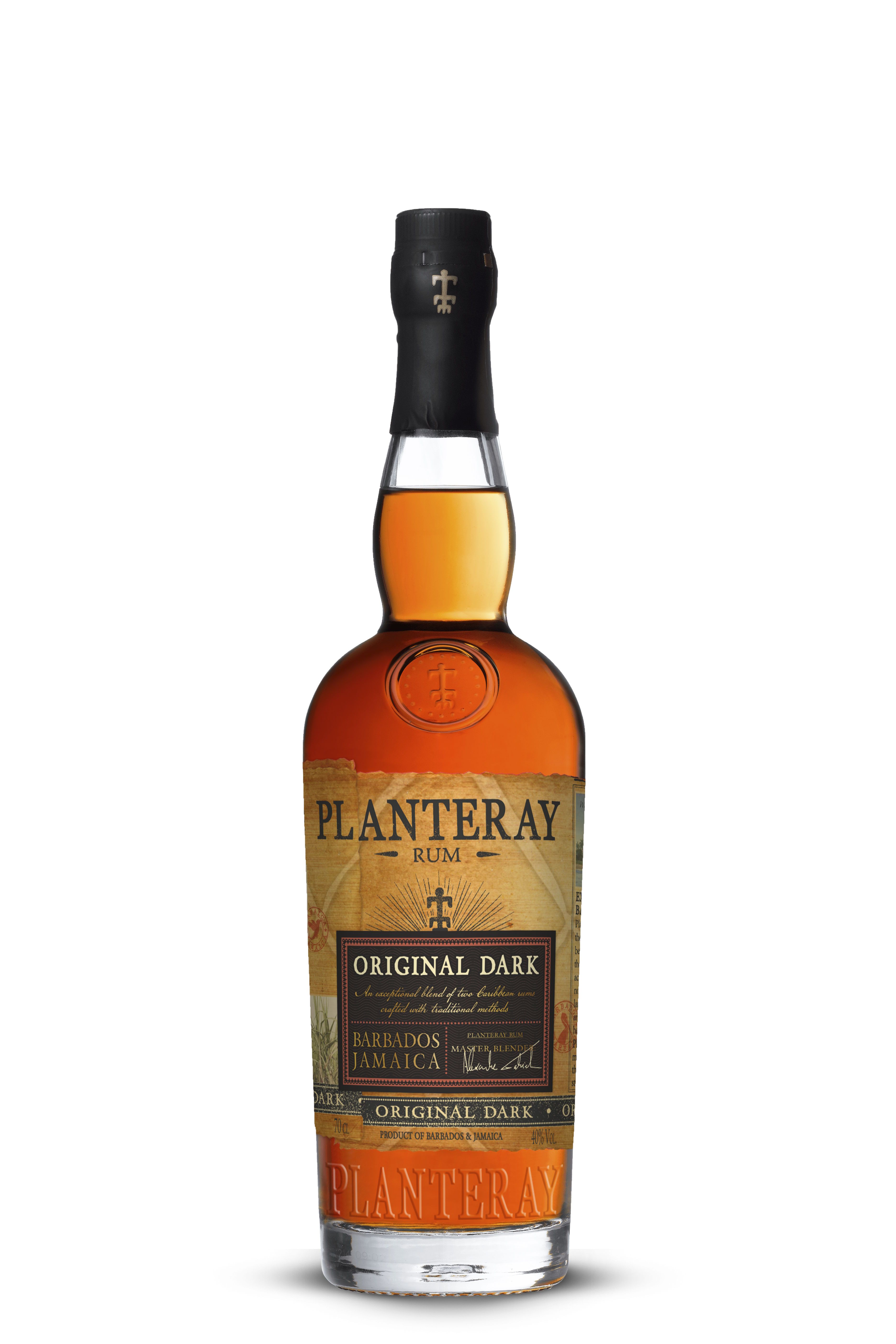 Planteray Original Dark Rum, doppelt gereift in Barbados und Jamaika, 40% Vol., 700 ml, Flasche mit goldbraunem Etikett und schwarzer Schrift.
