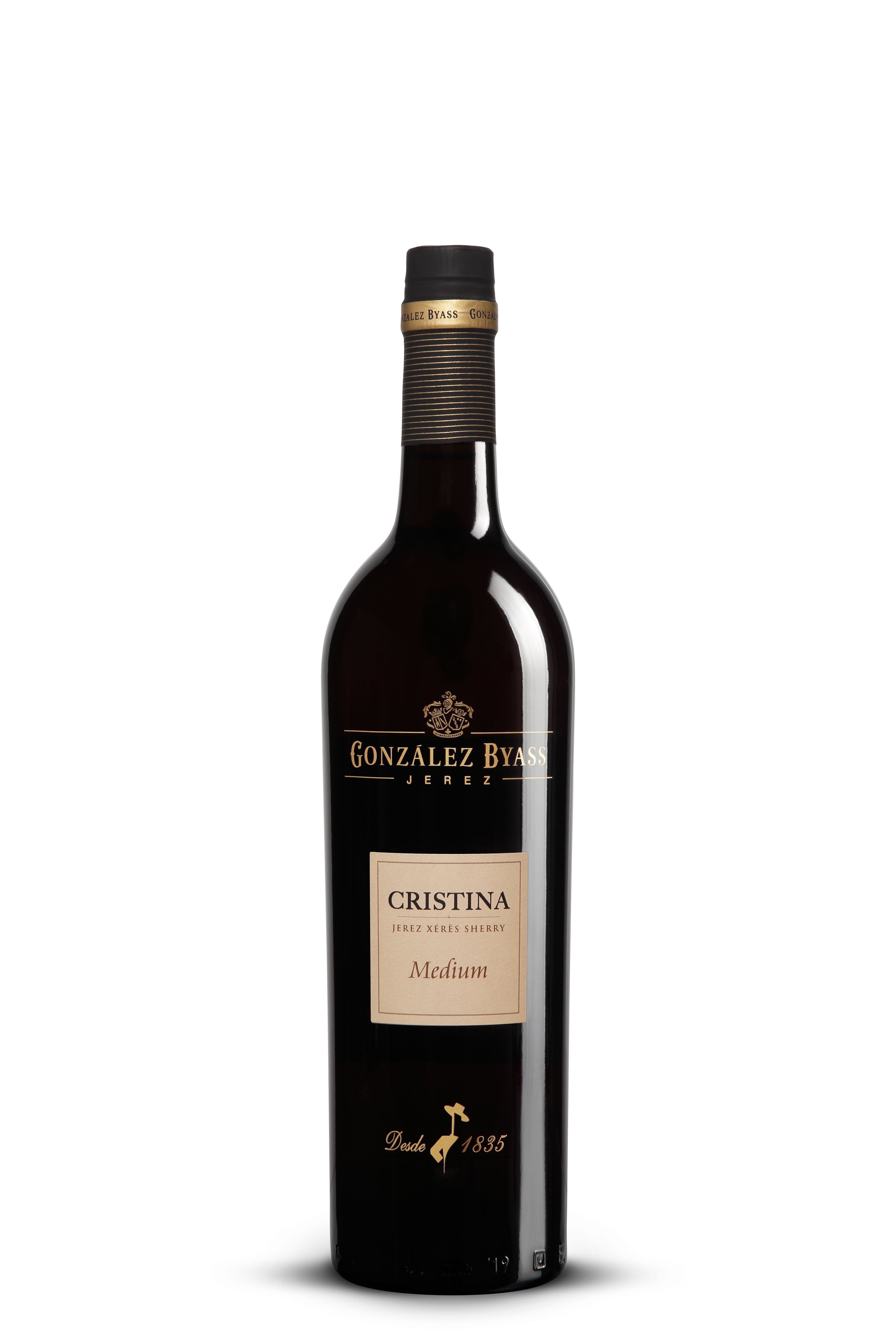 Dunkle Sherryflasche „Cristina Medium“ von González Byass. Schwarzes Etikett mit goldener Schrift und beigem Feld in der Mitte. Der goldene Schriftzug „Desde 1835“ und das schlichte Design verleihen dem Sherry eine elegante, klassische Ausstrahlung.