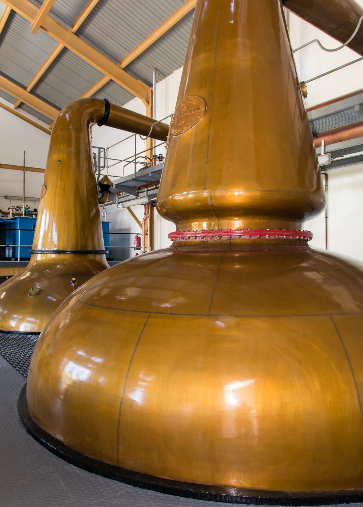 Große kupferne Brennblasen in einer modernen Destillerie mit hellem Holzdach und technischer Ausstattung – typisches Equipment für die Herstellung von Whisky oder Edelbränden