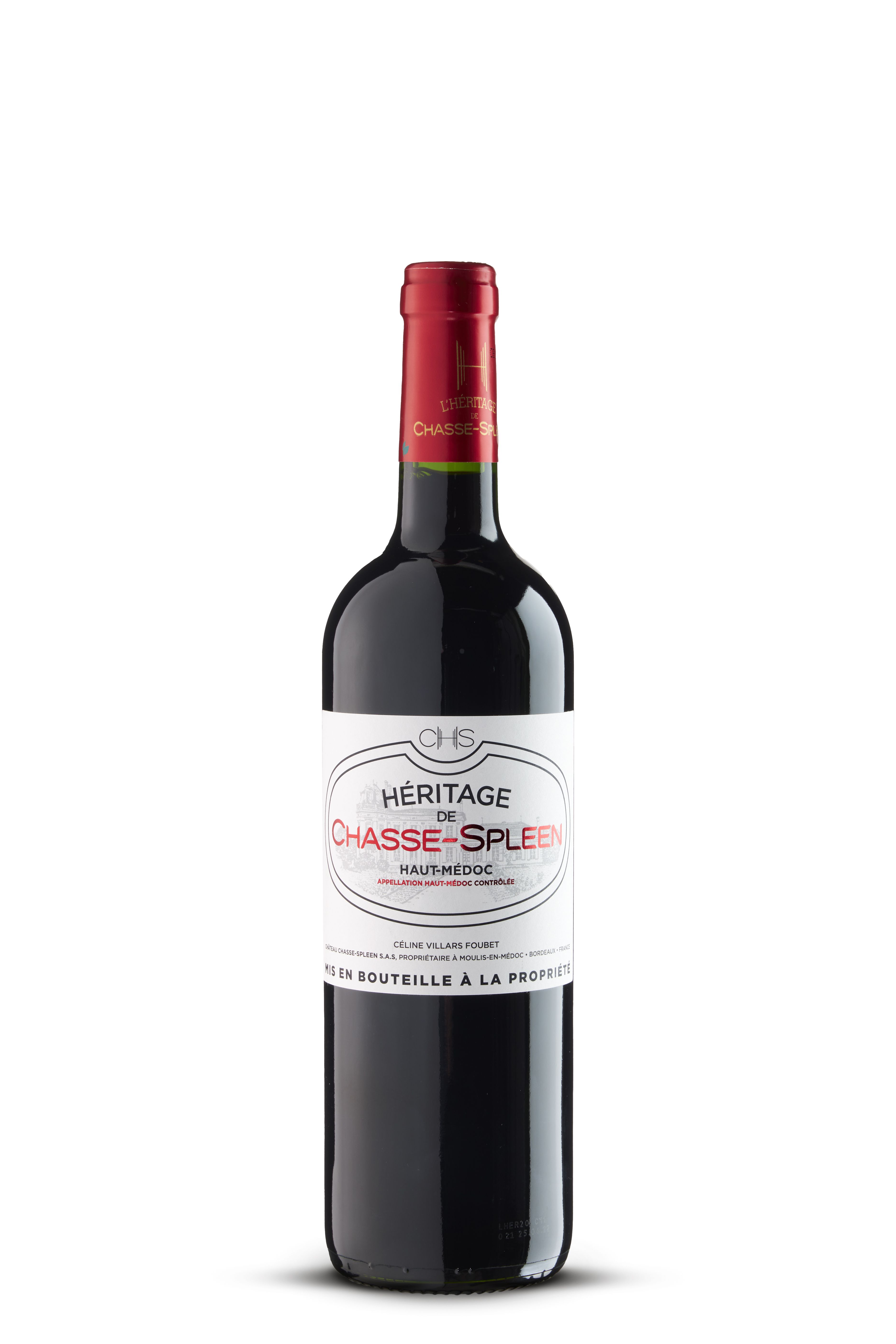 Bordeauxflasche mit roter Kapsel, weißem Etikett und rotem Schriftzug „Héritage de Chasse-Spleen Haut-Médoc“. Klassischer Look, klarer Bezug zum berühmten Château Chasse-Spleen