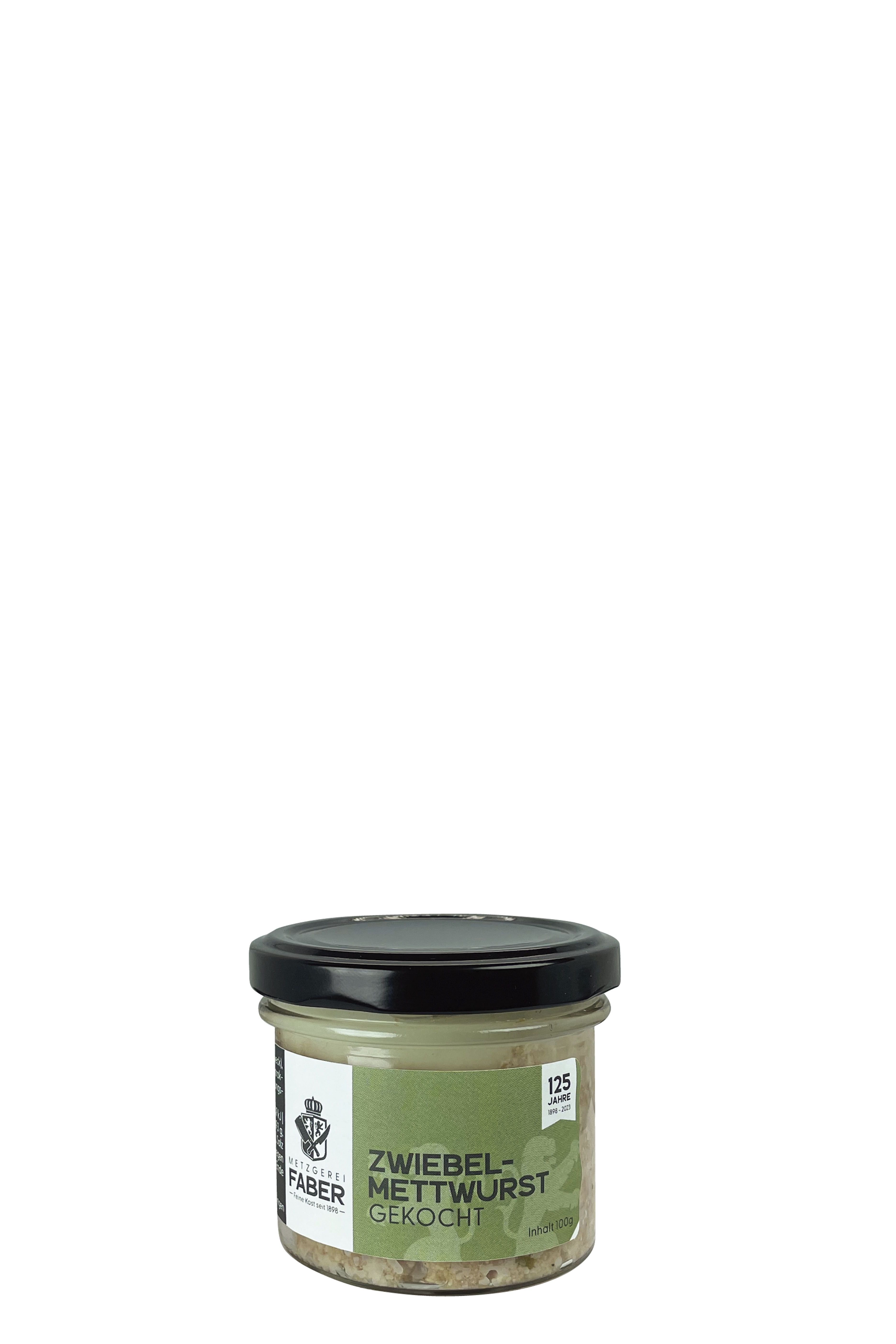 Kleines rundes Glas mit schwarzem Schraubdeckel, gefüllt mit heller, fein zerkleinerter Wurstmasse. Auf dem Etikett steht „Zwiebel-Mettwurst – gekocht“ sowie „Metzgerei Faber“. Links befindet sich ein Wappen. Etikett in Grün und Weiß.