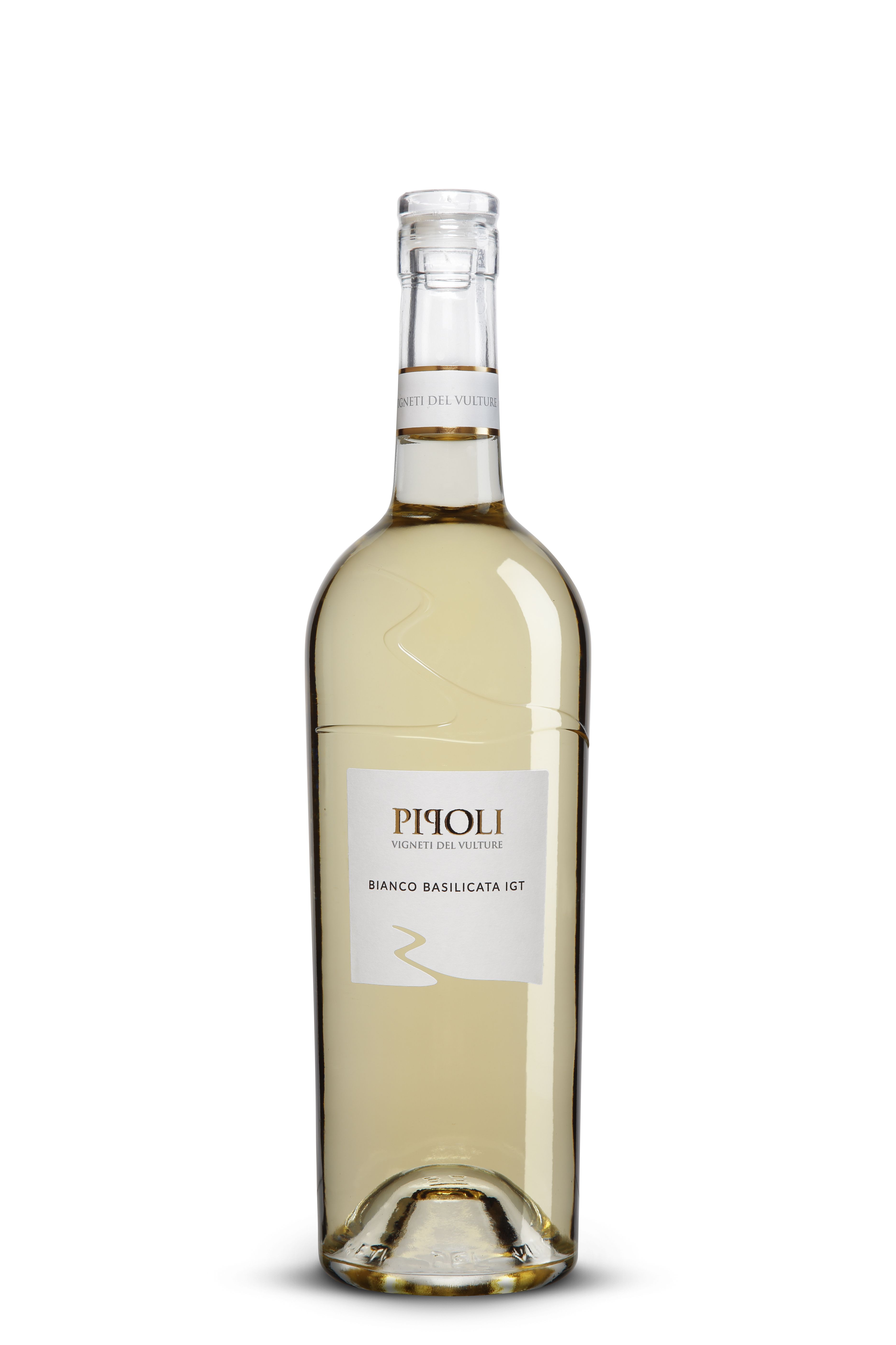 Klare Glasflasche mit hellgelbem Wein, mit Glaskorken und modernem weißem Etikett. In kupferfarbener Schrift steht „Pipoli“, darunter „Bianco Basilicata IGT“. Auf dem Etikett ist ein stilisierter Flusslauf angedeutet.