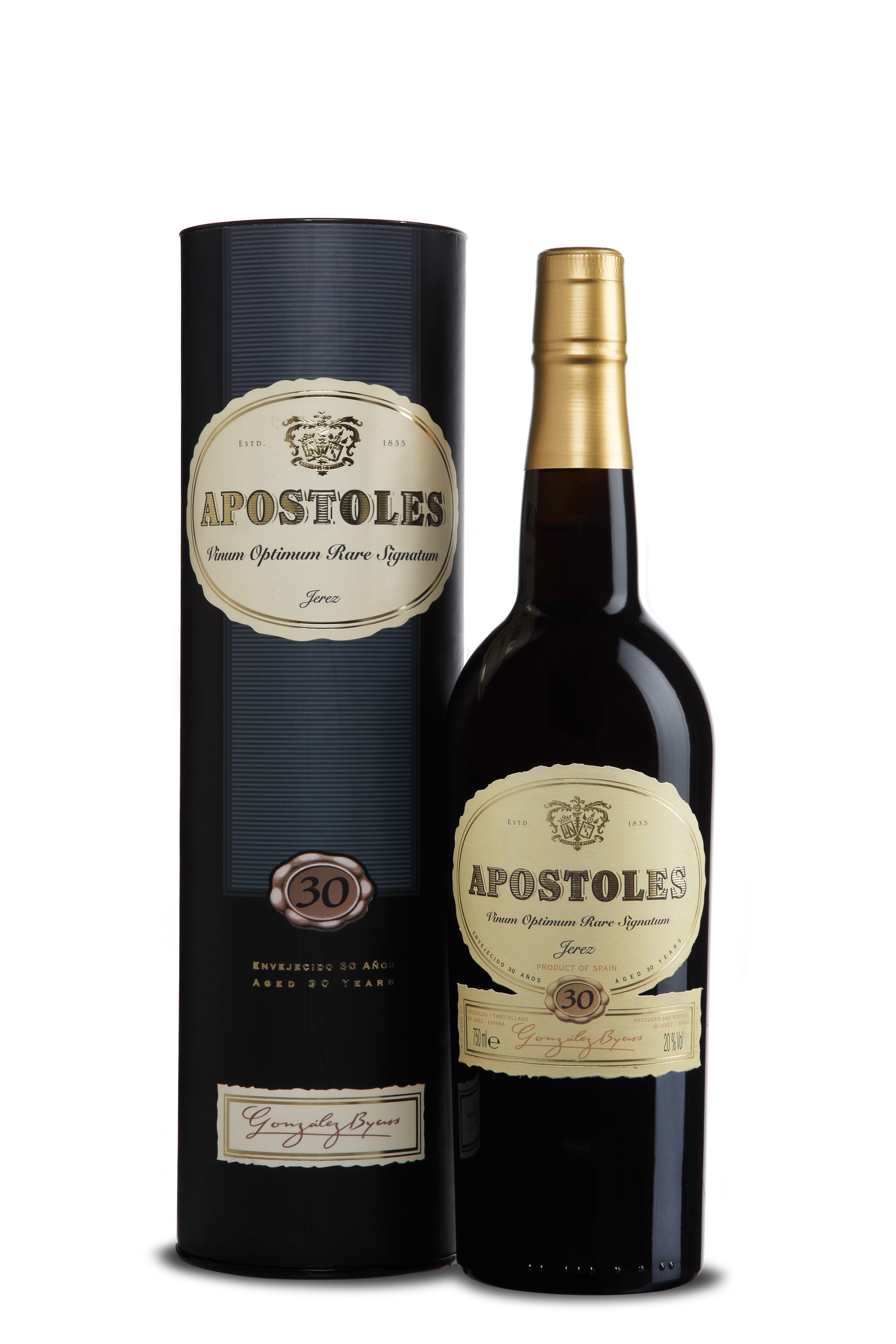 Edle Sherryflasche „Apostoles“ mit goldenem Etikett, schwarzer Schrift und goldenem Verschluss. Daneben steht eine schwarze, zylindrische Geschenkverpackung mit passendem Design, großem Etikett und einem Siegel, das auf 30 Jahre Reifung hinweist.