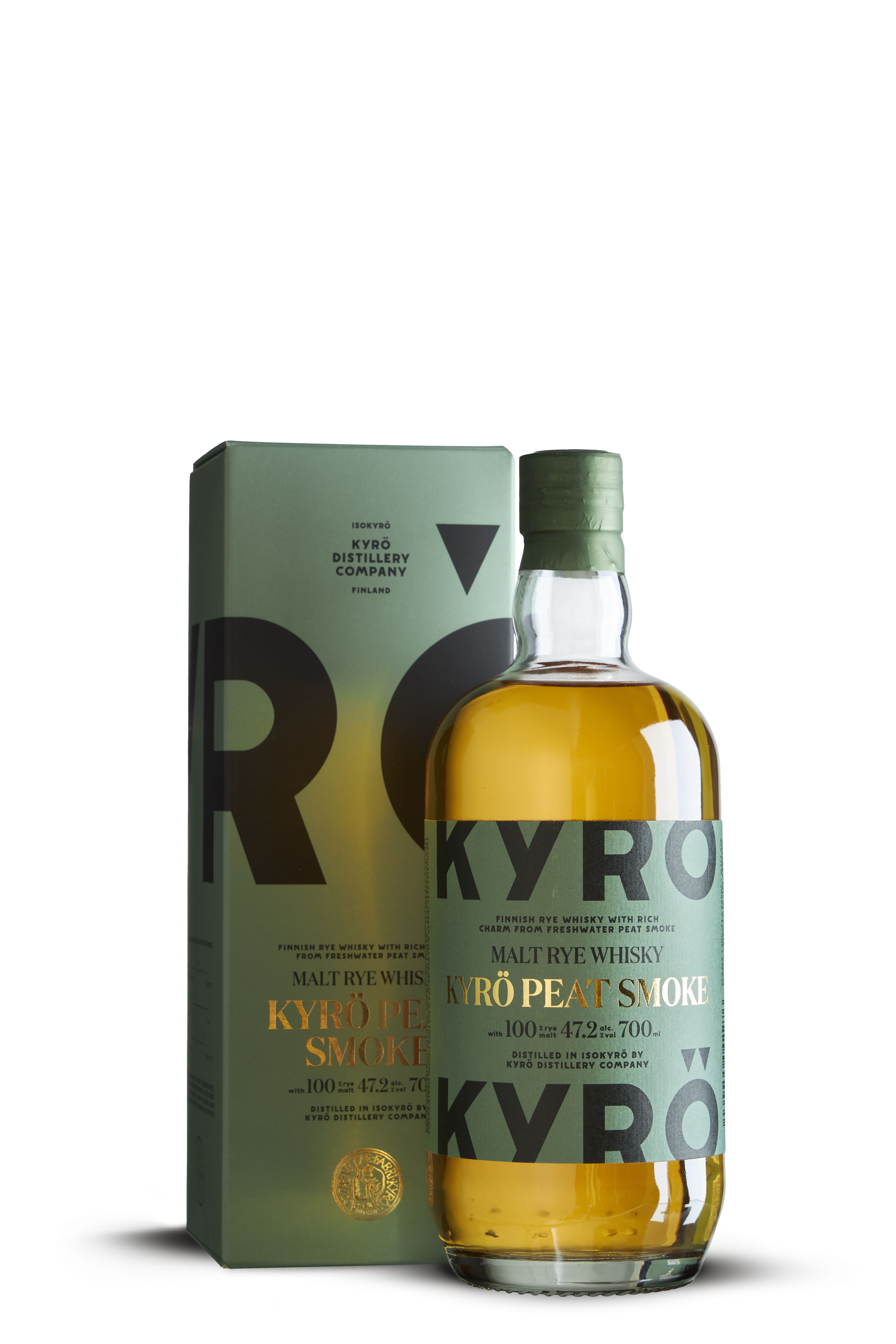 Flasche Kyrö Peat Smoke, finnischer Rye Whisky, 700 ml, 47,2% Alkohol, mit 100% Roggenmalz, grünliches Etikett mit schwarzer und goldener Schrift.
