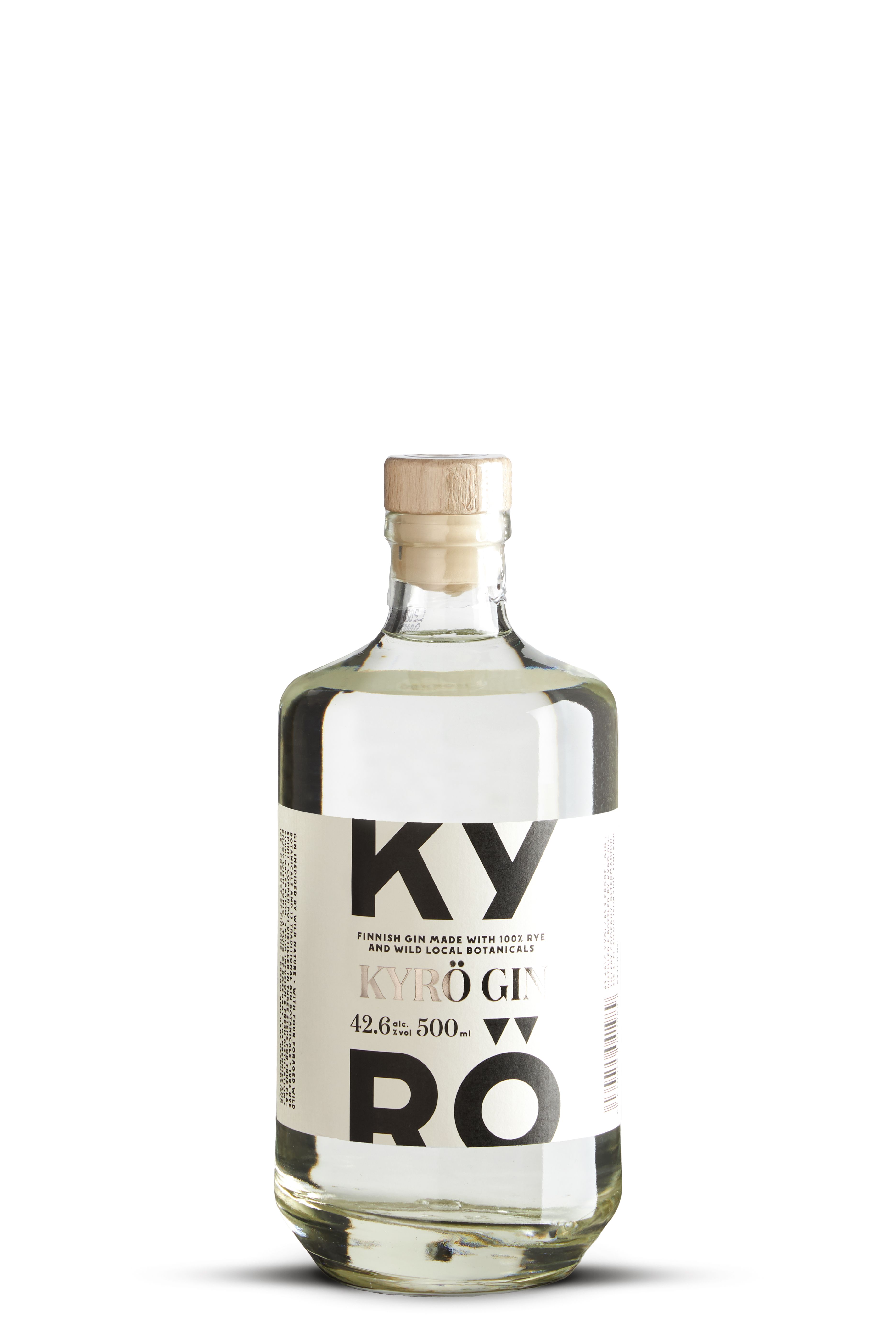 Verpackte Flasche Kyrö Gin aus Finnland – Roggen-Gin mit wilden Kräutern und Beeren, hochwertig in schwarzem Geschenkpapier mit Etikett von Meyerhof