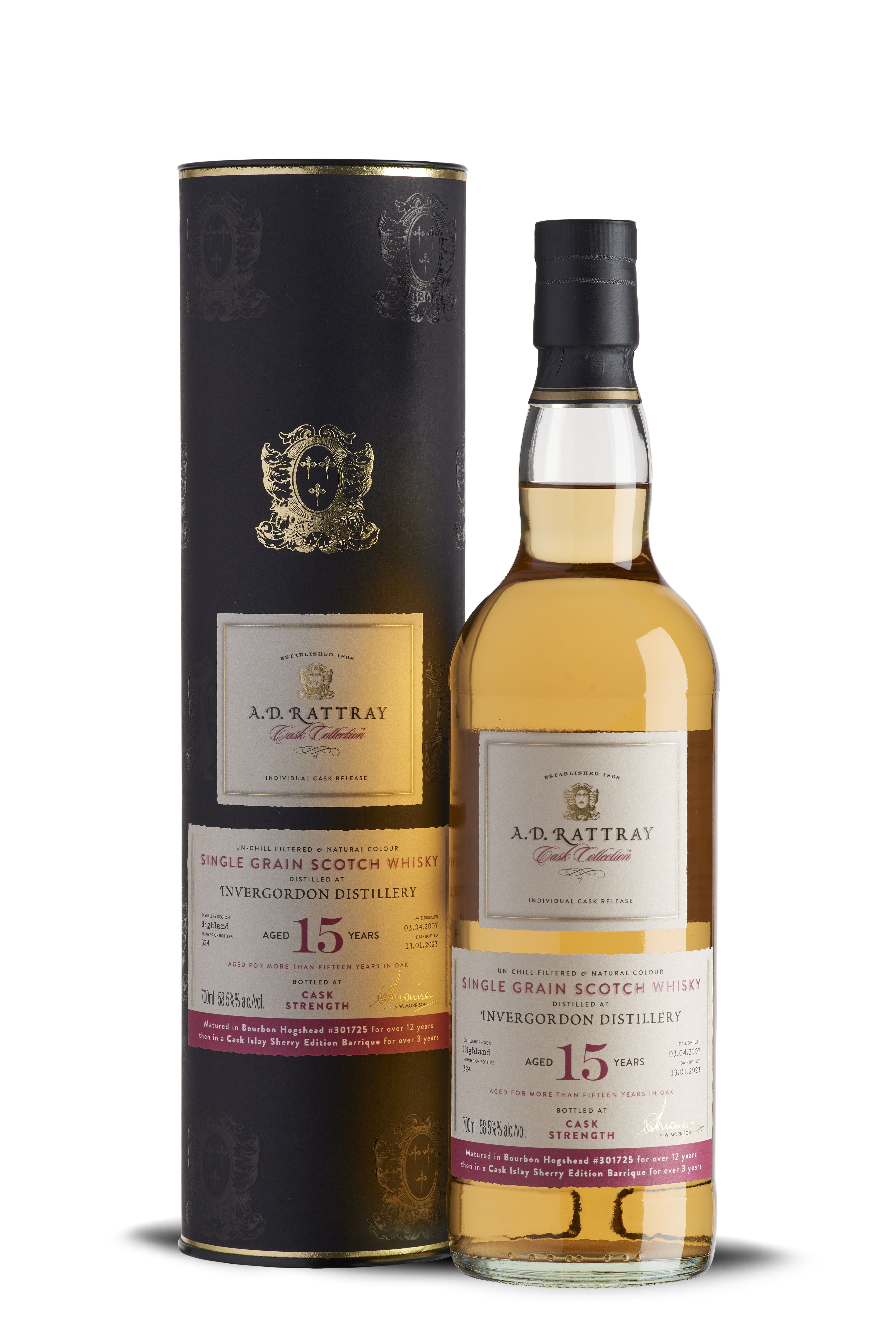 Flasche und schwarze Hülle des A.D. Rattray Single Grain Scotch Whisky aus der Invergordon Distillery. 15 Jahre alt, klare Flasche mit weißem Etikett und purpurfarbenem Akzent. Edles, klassisches Design mit hochwertiger Ausstrahlung.