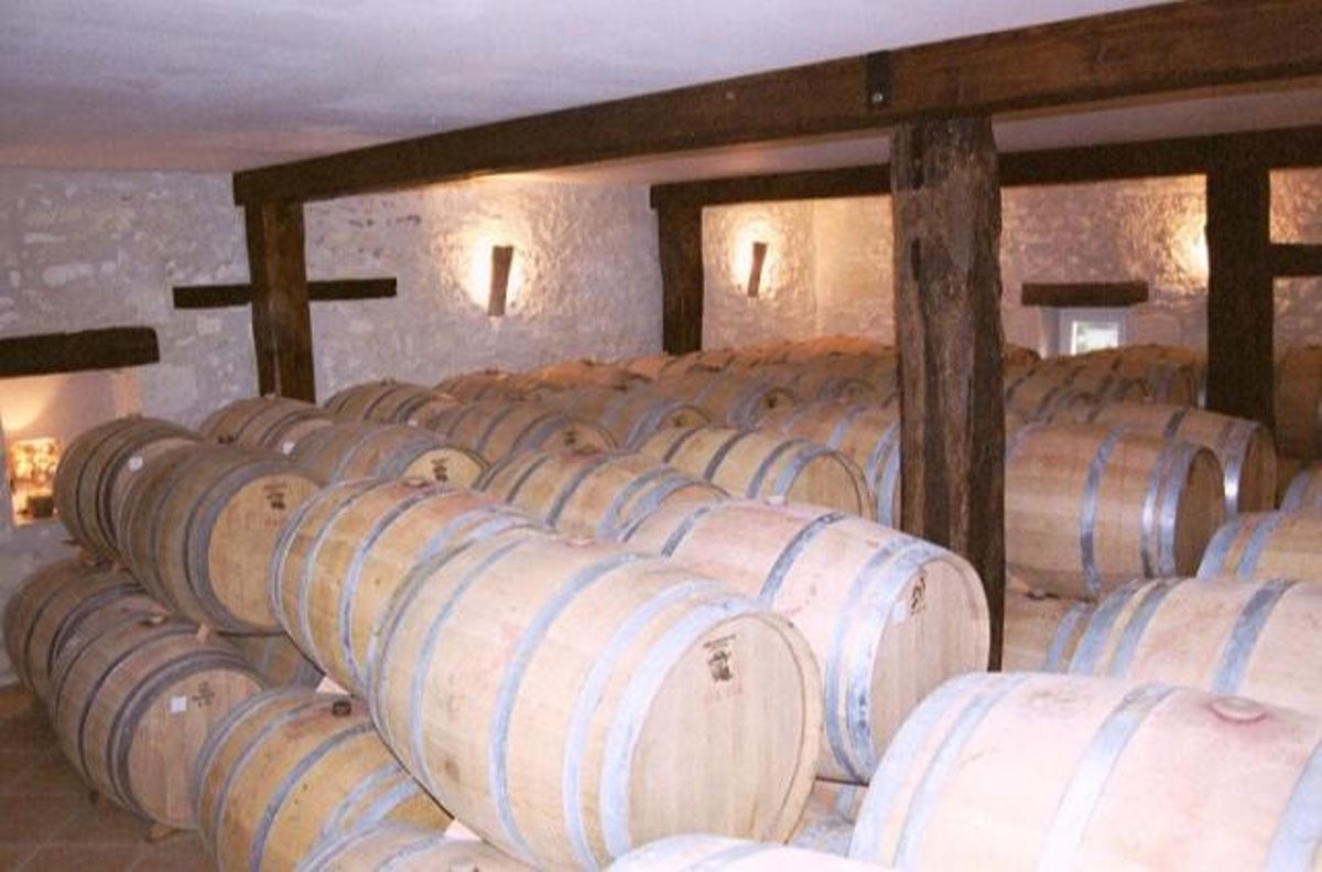 Barriquekeller mit dicht gereihten Eichenfässern in einem Gewölbe mit hell verputzten Steinwänden und Holzbalken.