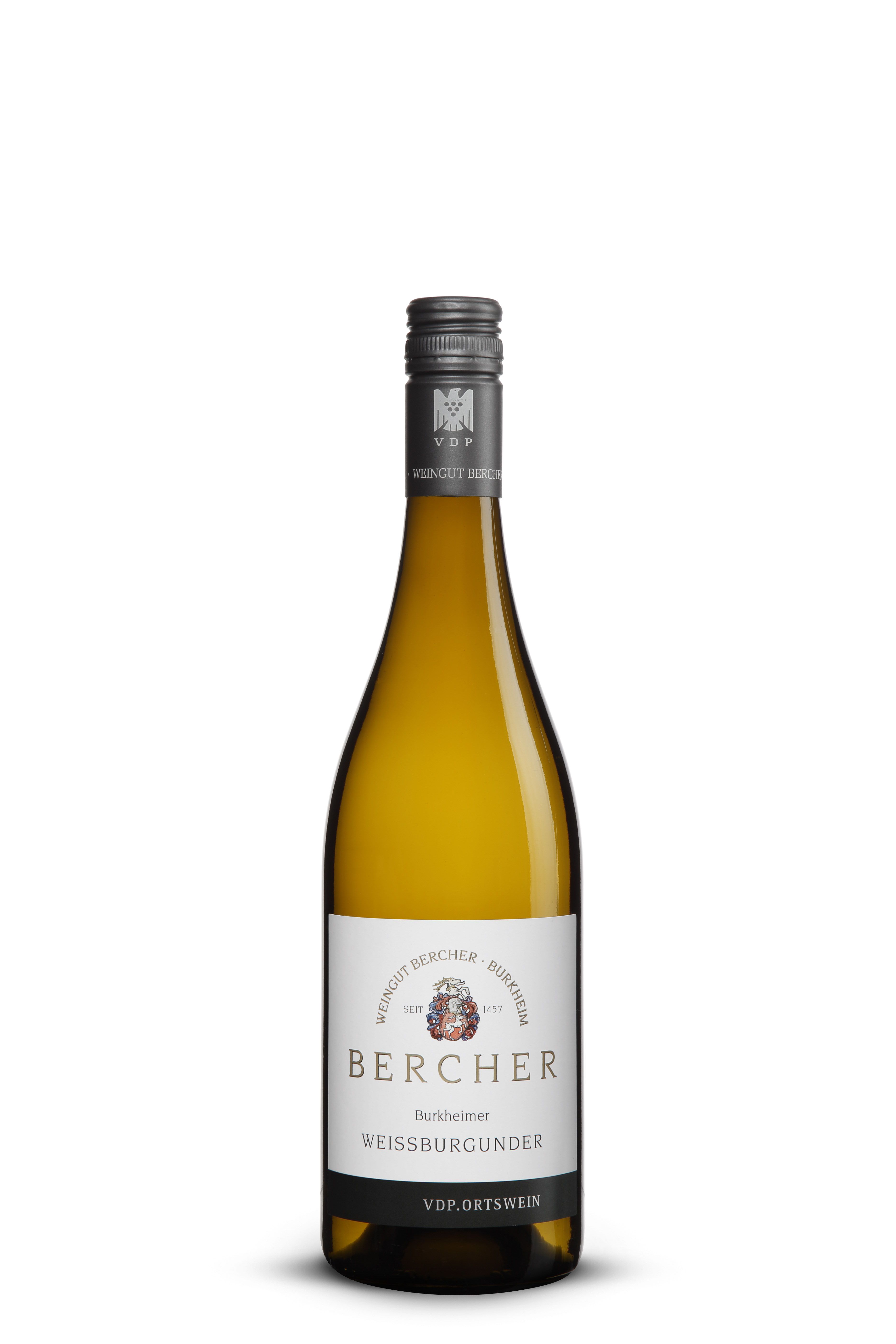 Flasche 2023 Bercher Burkheimer Weißburgunder mit klassischem Etikett – eleganter Weißwein aus Baden