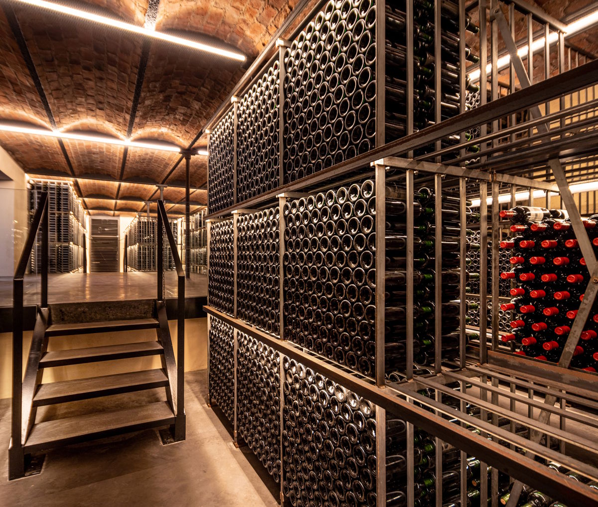 Weinkeller mit modernen Metallregalen voller liegender Weinflaschen, beleuchtet durch warmes Licht unter gemauertem Gewölbe.