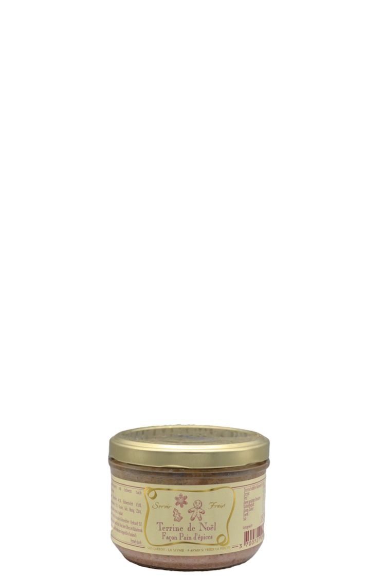 Rundes Glas mit goldfarbenem Deckel, gefüllt mit einer dunklen Terrine. Das weiße Etikett zeigt weihnachtliche Motive wie Lebkuchenfiguren und trägt den Schriftzug „Terrine de Noël – Façon Pain d’épices“.