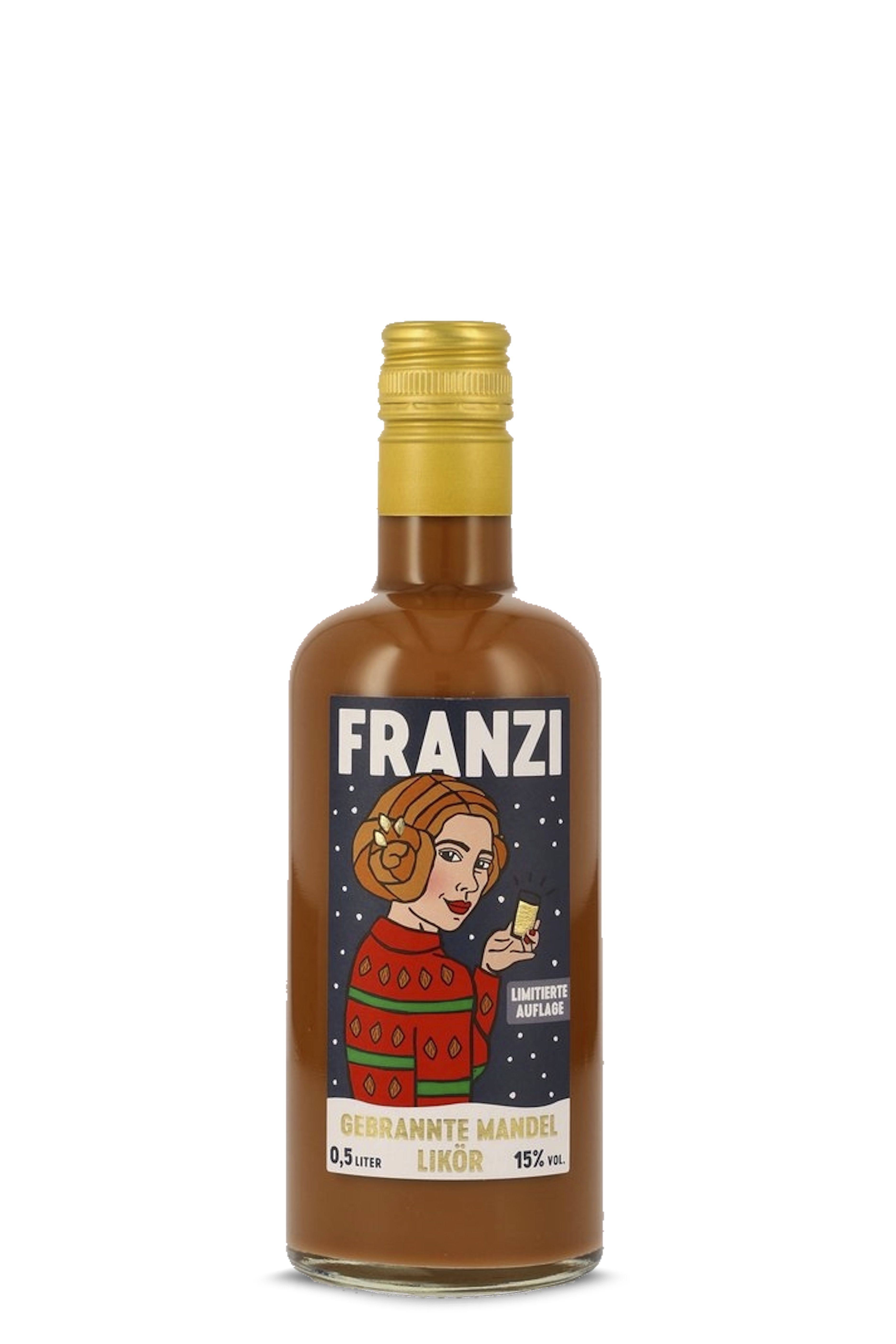 Die braune Flasche zeigt eine stilisierte Frau mit Zimtfrisur und rotem Winterpulli vor einem nachtblauen Schneehintergrund. In der Hand hält sie ein Stück Gebäck, daneben steht „LIMITIERTE AUFLAGE“. Der goldene Schraubverschluss rundet das Bild ab.