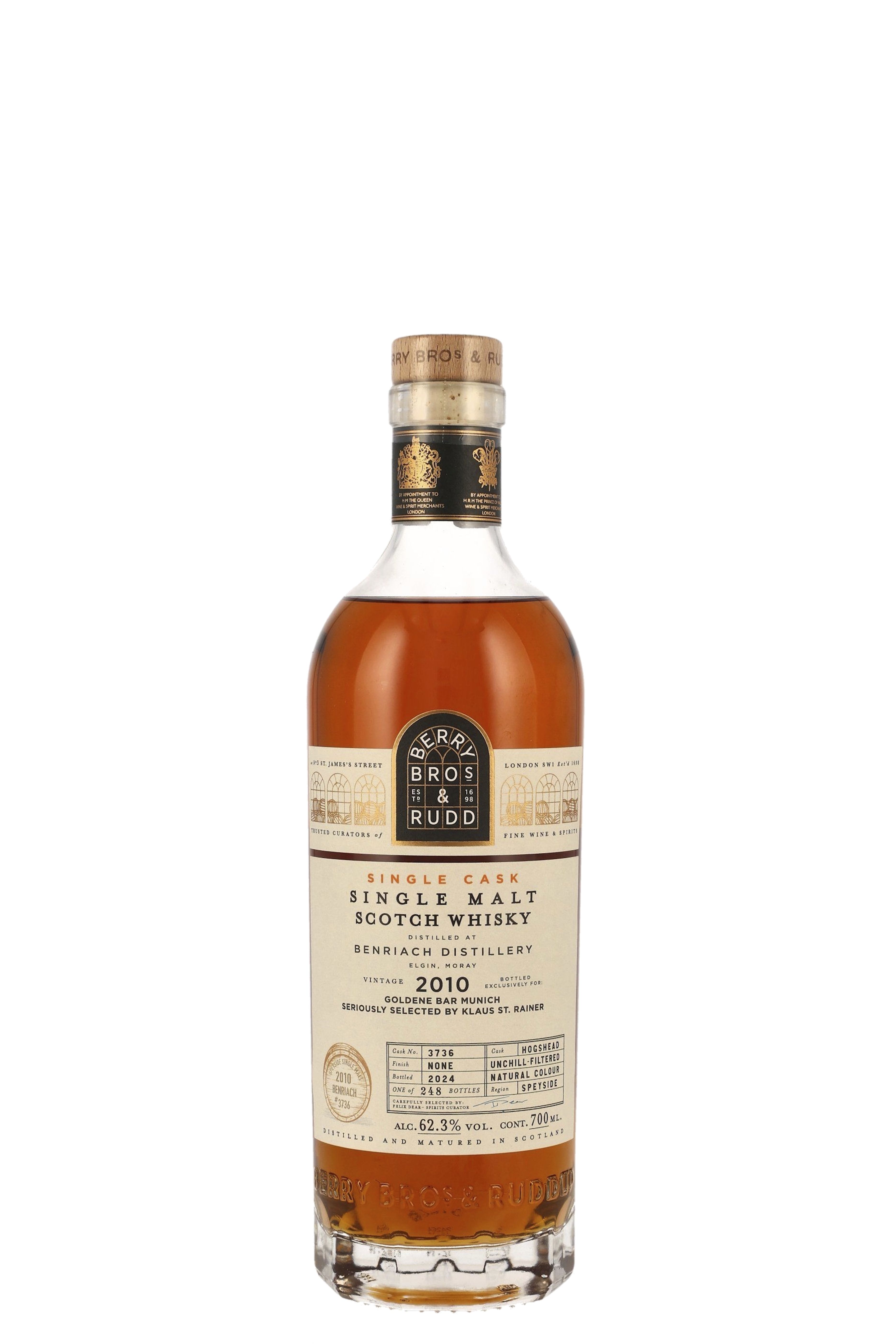 Flasche mit bernsteinfarbenem Whisky, schlankem Hals und Korkverschluss. Das Etikett ist cremefarben mit schwarzer und oranger Schrift, oben ein schwarzes Logo mit "Berry Bros & Rudd". Detaillierte Informationen zu Herkunft und Abfüllung.
