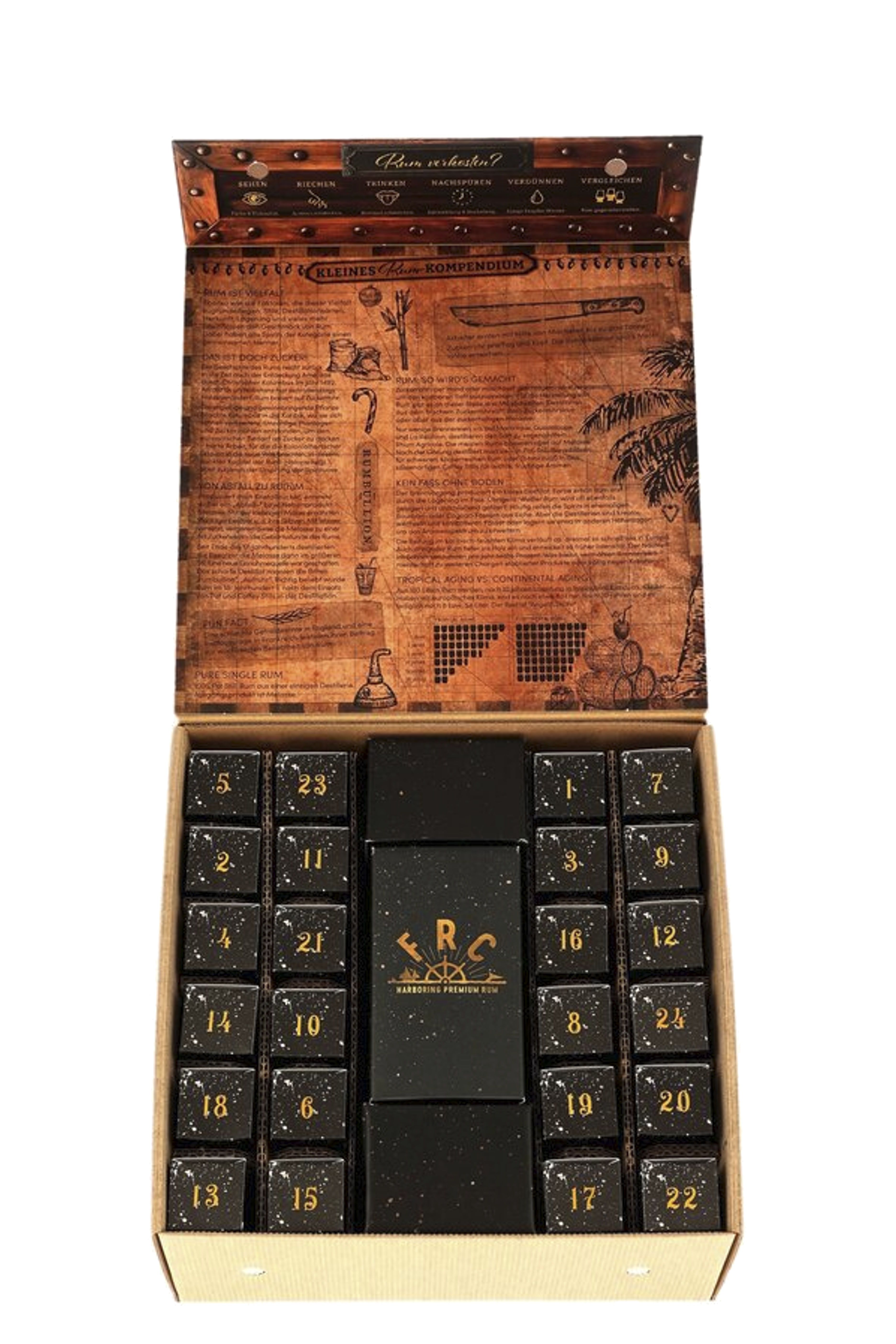 Adventskalender mit 24 schwarzen, goldnummerierten Schachteln von FRC. Enthält Rumproben und eine Anleitung zum Sehen, Riechen, Trinken, Verdünnen und Vergleichen im Deckel. Stilvolles Design mit klarer Struktur.